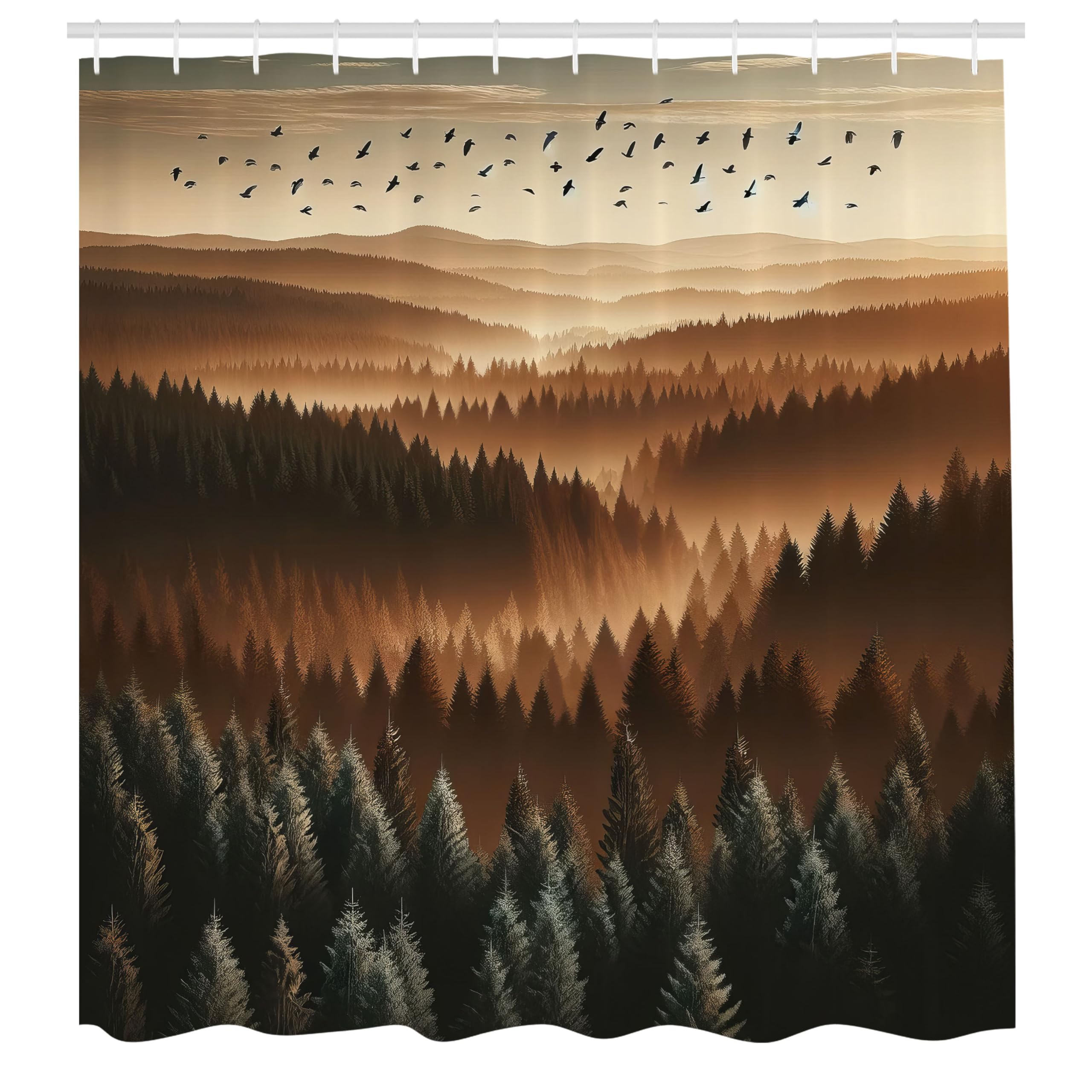 Ambesonne Brown Shower Curtain, Nature Wilderness Landscape Panorama Sunset On Mountain Forest Flying Birds, Cloth Fabric Bathro