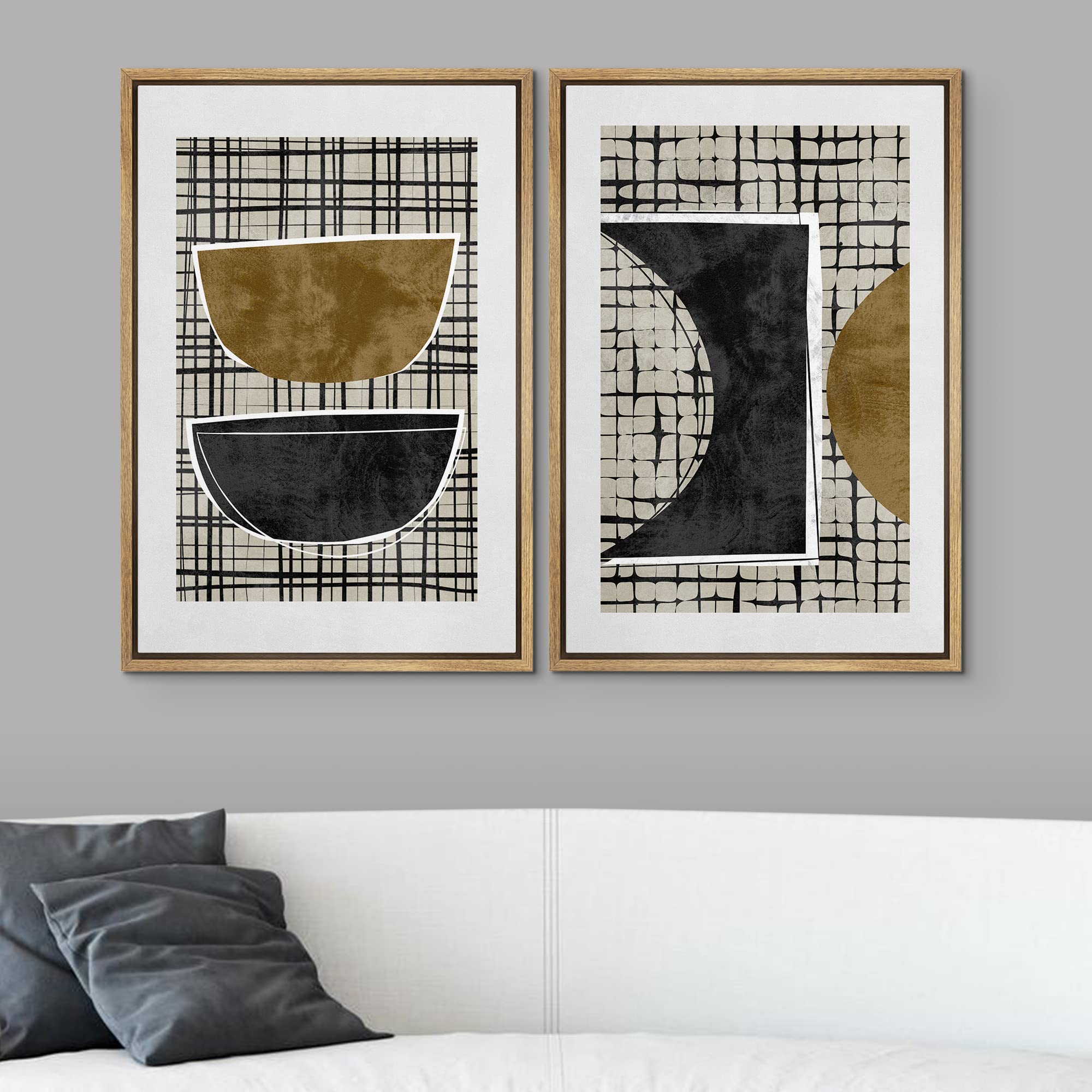 SIGNWIN Framed Canvas Print Wall Art Set Mid-Century Art Deco Dark Geometric Collage Abstract Shapes Illustrations Minimal Decorative Bohemian for Living Room  Bedroom  Office - 16''x24''x2 Natural