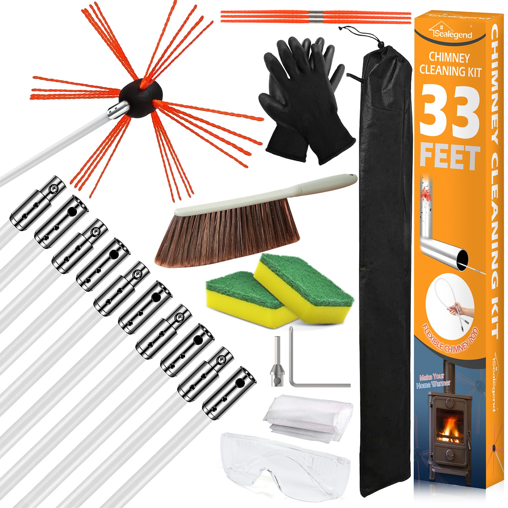 Sealegend 33 Feet Chimney Cleaning Kit Chimney Brush, Chimney Sweep Kit And Chimney Cleaning Logs Fireplace Tools Set With 10 Fl
