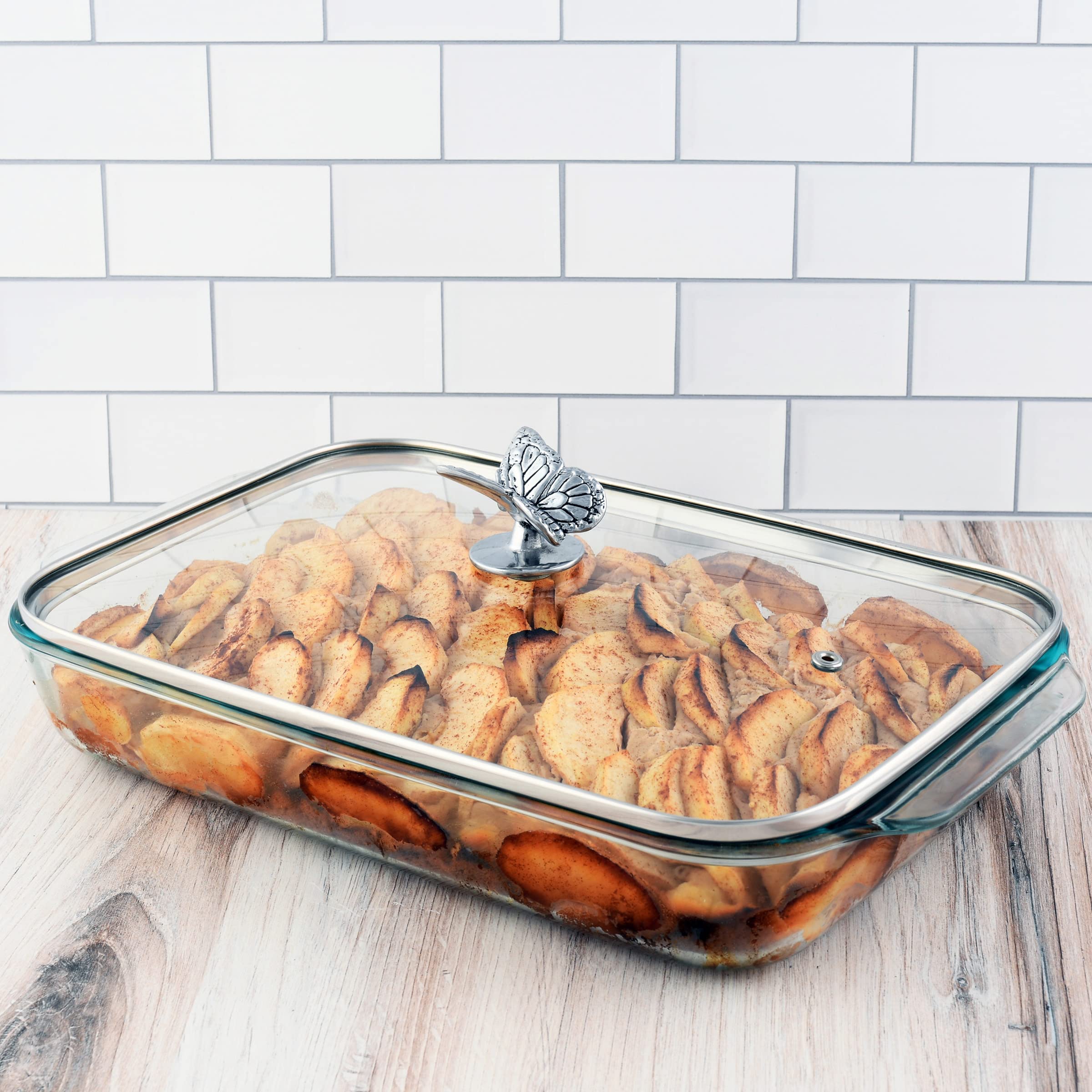 Arthur Court Glass Casserole Dish With Metal Butterfly Lid Handle Baking Dish - Perfect To Keep Your Buffet Sides Protected And