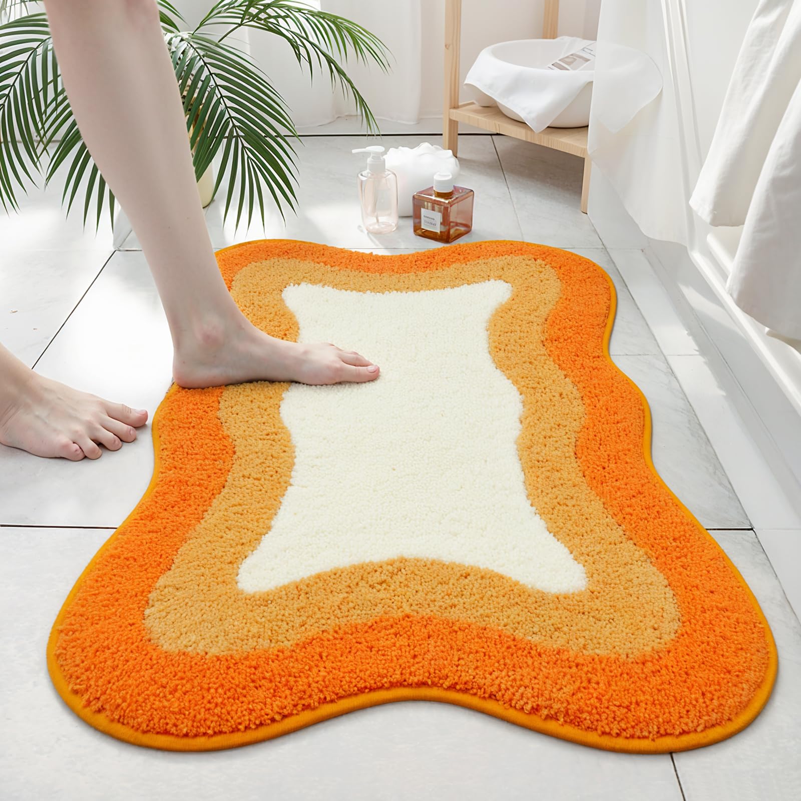 Haocoo Bath Mats For Bathroom, 20X31 Inch Fluffy Microfiber Shower Rug, Non Slip Aesthetic Washable Orange Bathroom Rugs Absorbe
