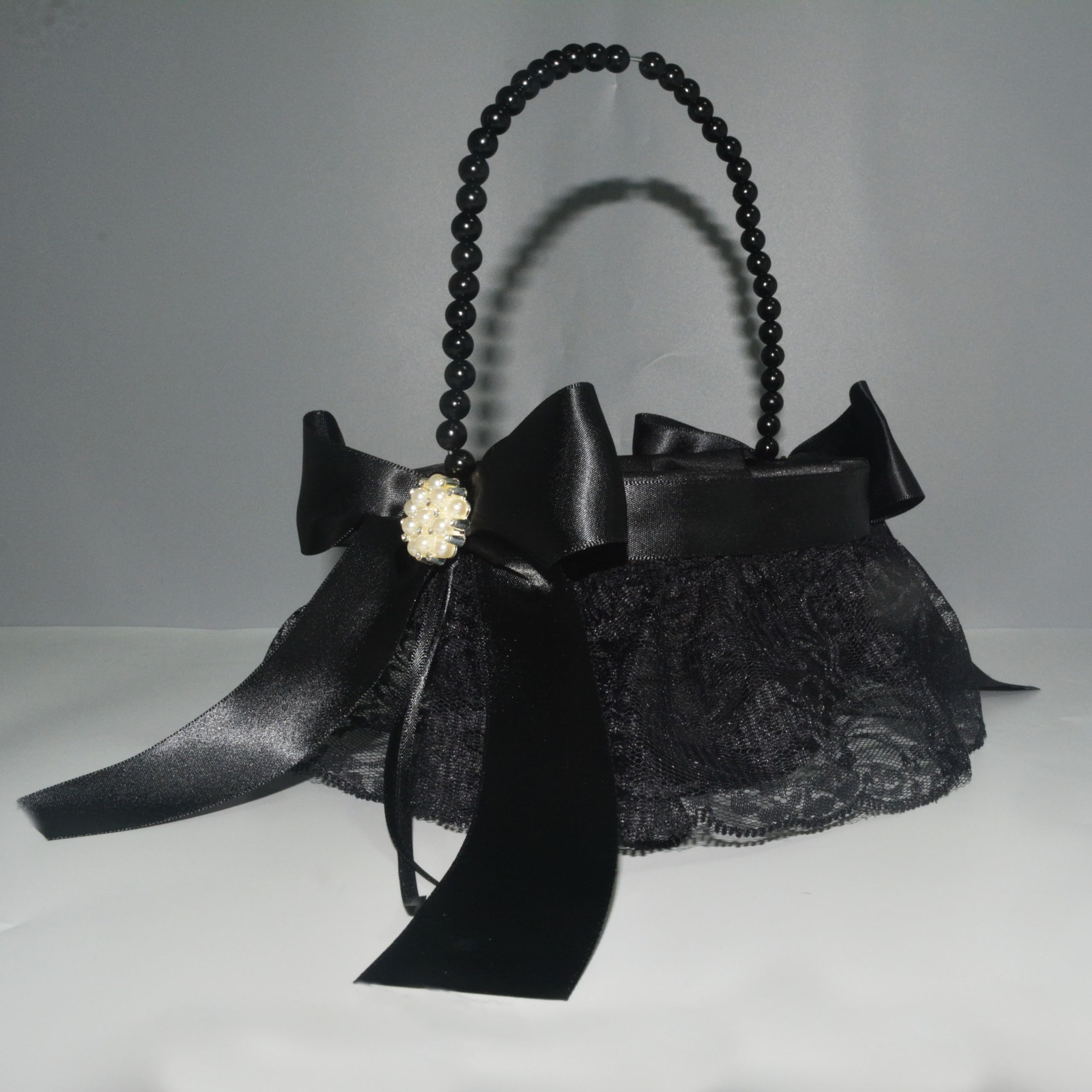 BETAULIFE Black Flower Girl Basket for Wedding,Black Lace pearlsFlower Girl Baskets,Pearl Handle Bow Flower Basket,for Weddings,