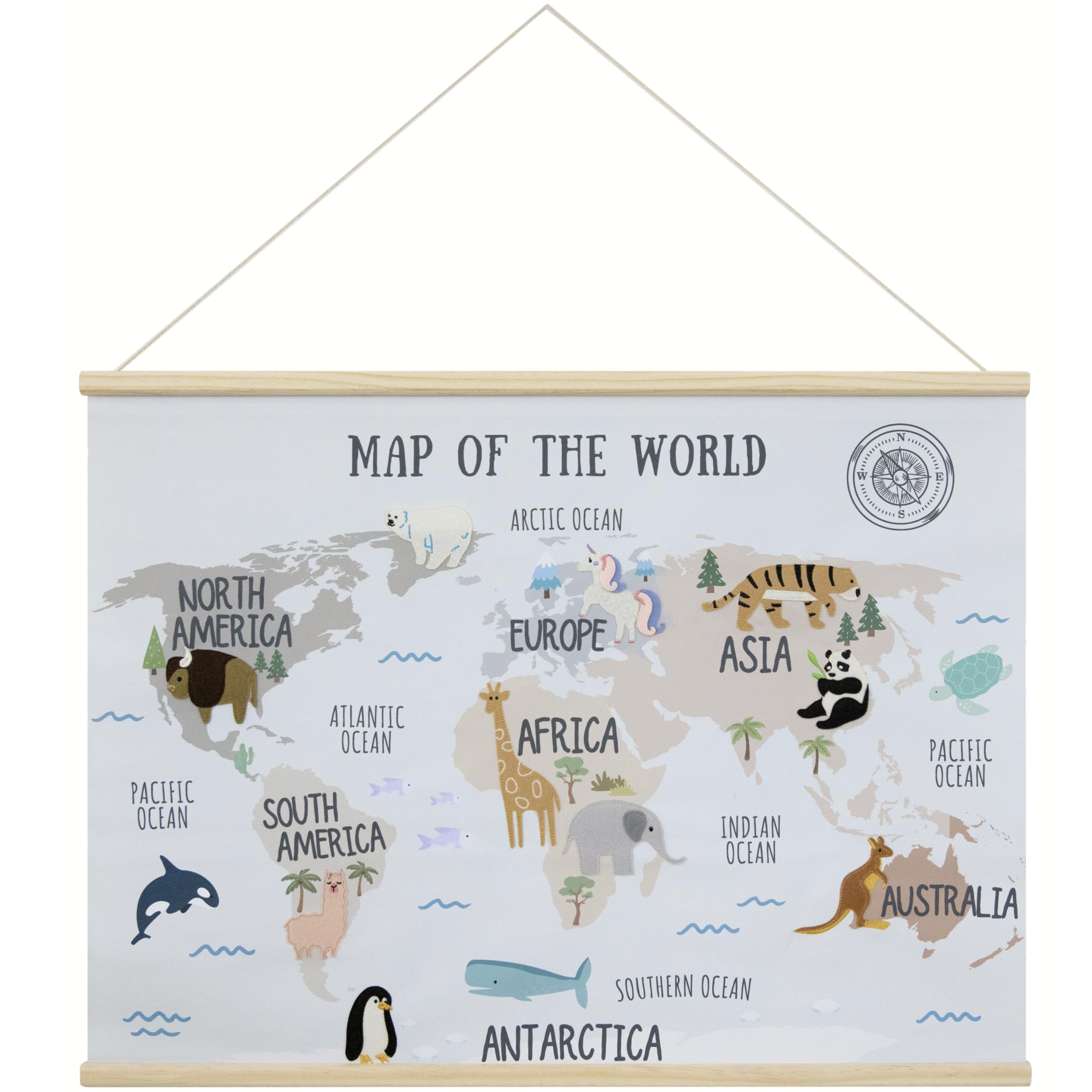Bon Et Beau 32 X 24 Inch Embroidered World Map Poster For Kids With Wood Hanger - Neutral Wall D  Cor For Boys And Girls Nursery