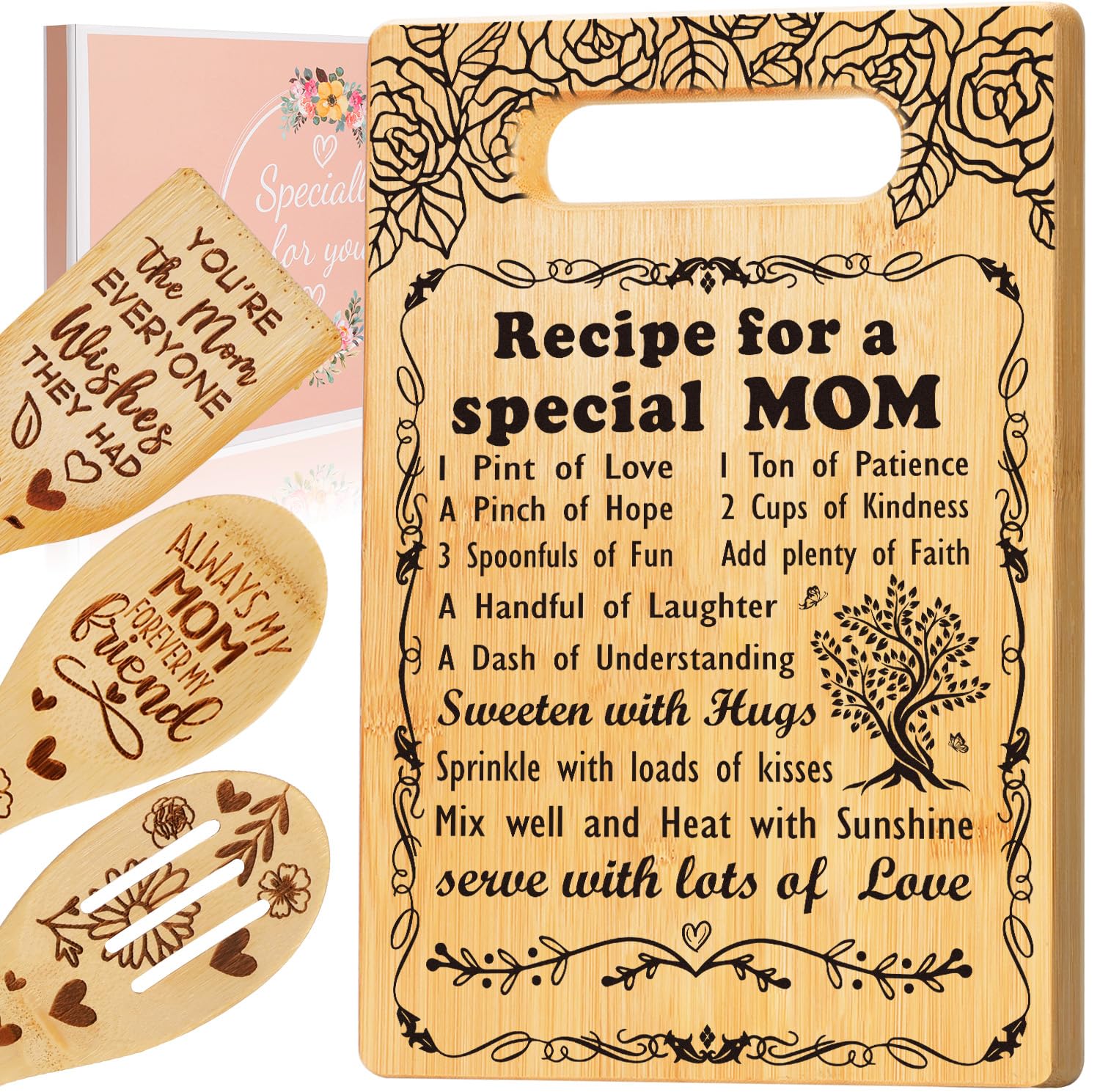 Birthday Gift for Mom, Recipe for a Special Mom- Christmas Birthday Mom Gifts from Daughter Son Cutting Board Set, Engraved Uten