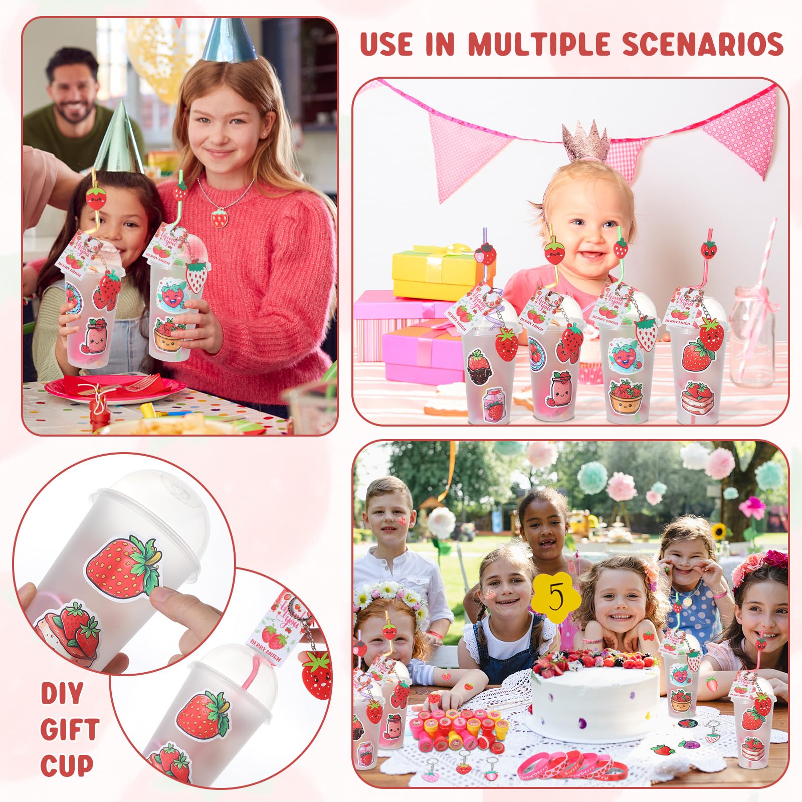 Landical 213 Pcs Strawberry Party Favors Includes Gift Cup Straws Bracelets Stickers Temporary Tattoos Keychain Rings Stampers P