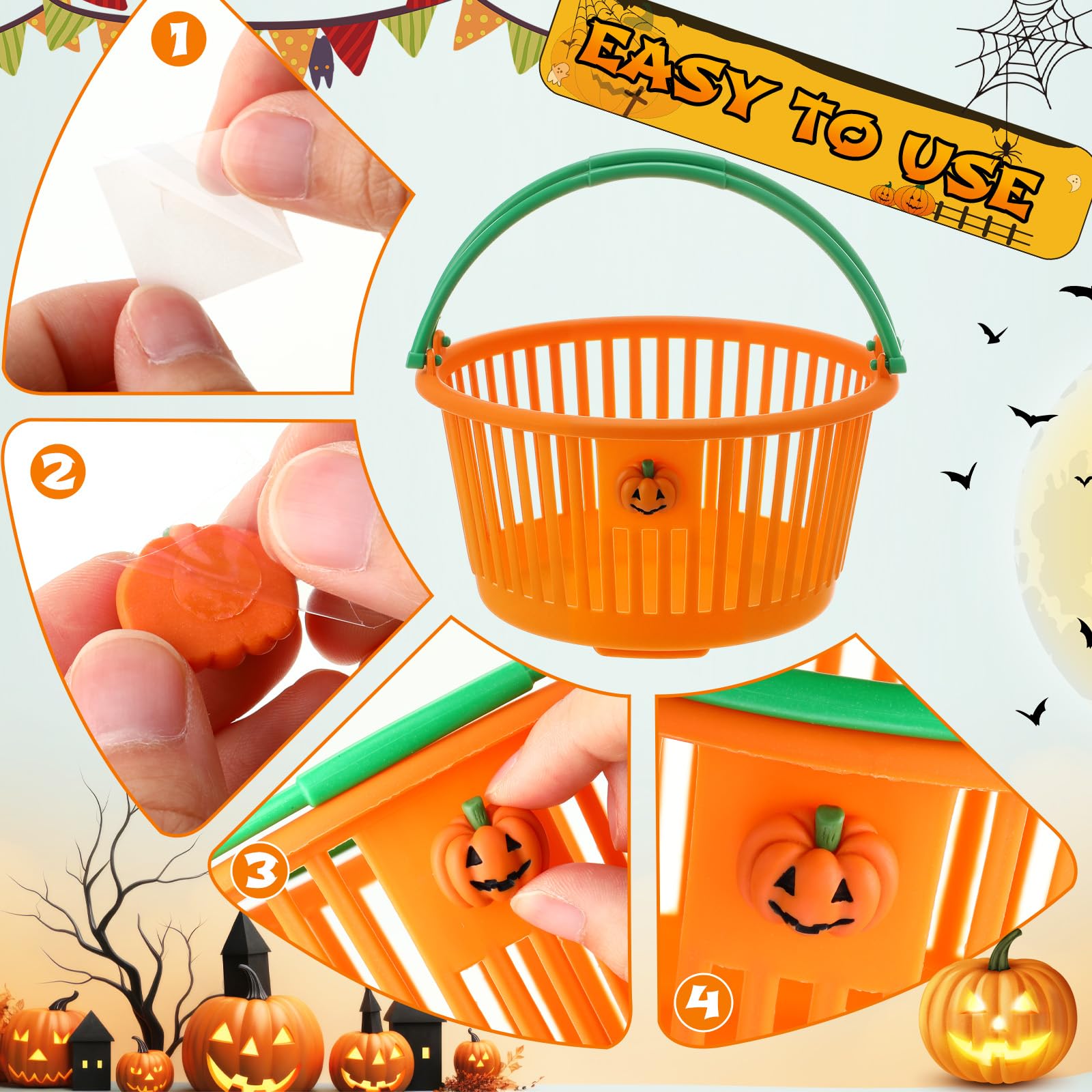 Potchen 12 Pcs Halloween Pumpkin Baskets Bulk Trick or Treat Candy Buckets Plastic Devil Smile Candy Basket with Handle Pumpkin