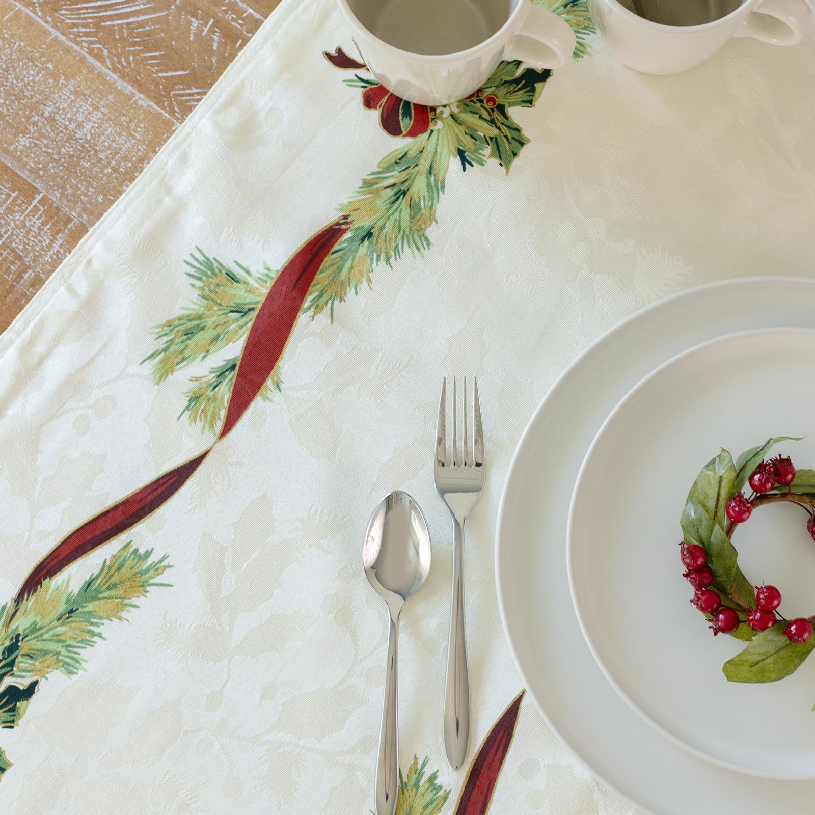 Benson Mills Christmas Ribbons Engineered Printed Fabric Table Runner, Winter, Holiday And Christmas Tablecloth (16'' X 90'' Tab
