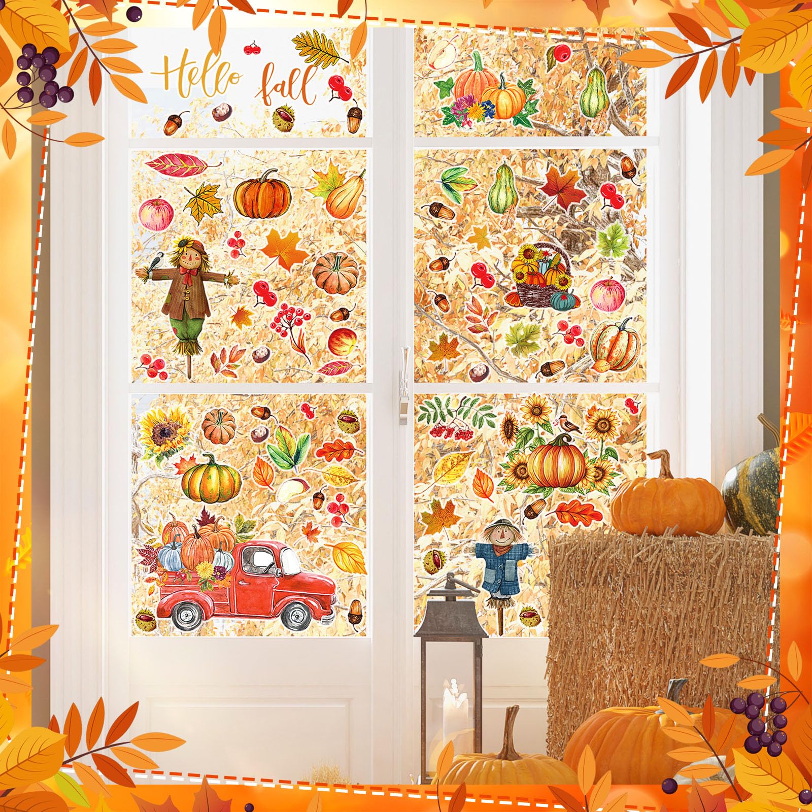 Motipuns 2 Sheet 88 Pcs Thanksgiving Gel Window Clings Fall Thick Gel Cling Removable Reusable Autumn Harvest Window Sticker Pum