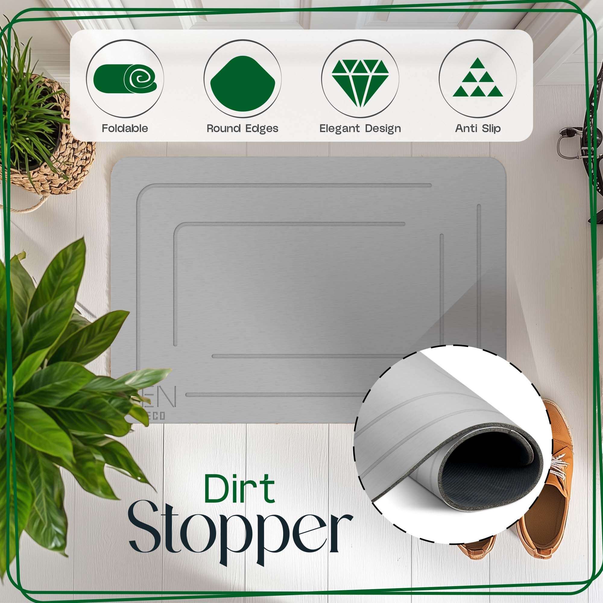 Zen-Eco Quick Dry Stone Bath Mat (6-Piece) - Bathroom Stone Mat Quick Dry With 1X Foldable Mat & 2X Stone Dish - Stone Shower Ma