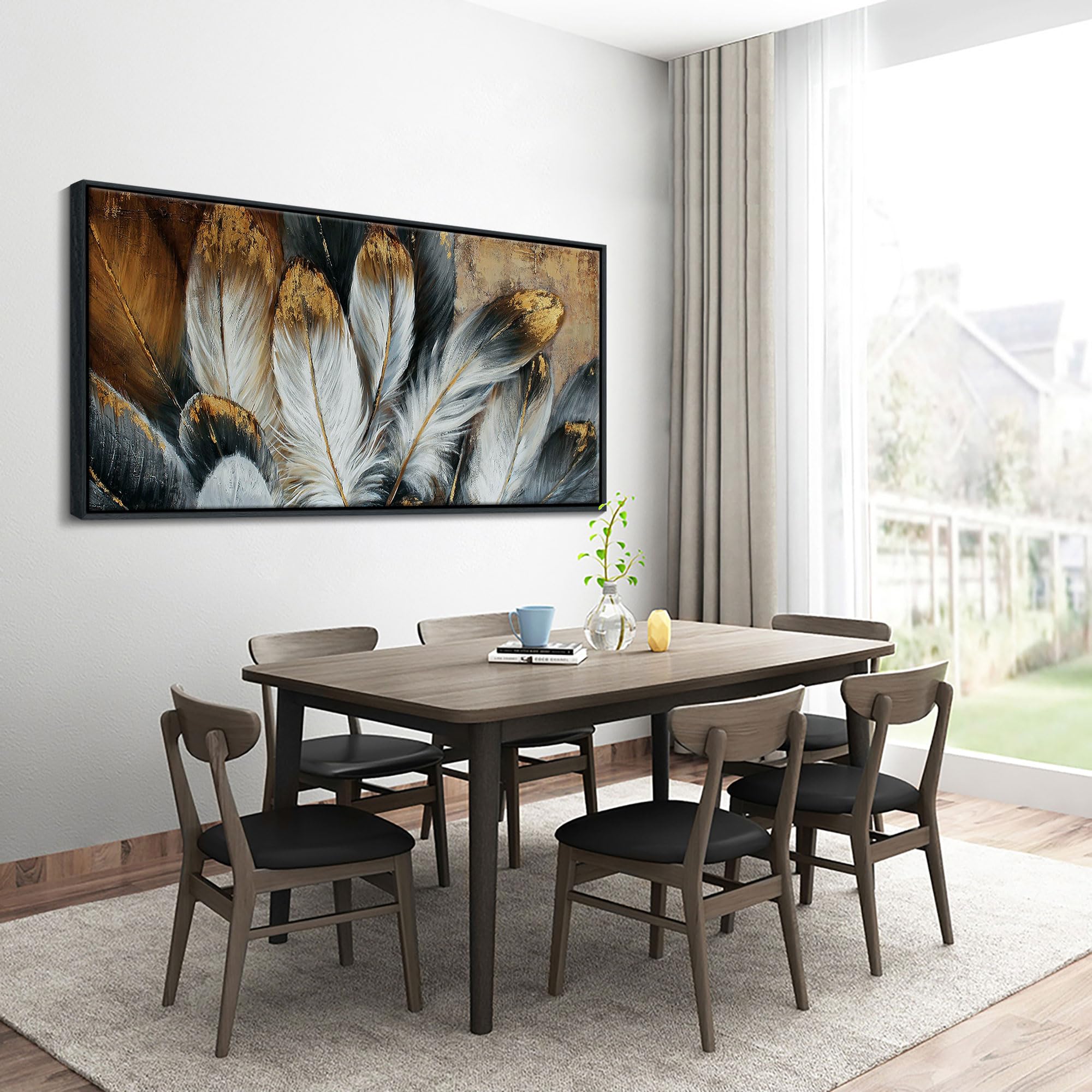 Framed Feather Canvas Wall Art Modern Living Room Bedroom Wall Decoration Large Canvas Painting Artwork For Home Decor White Gol