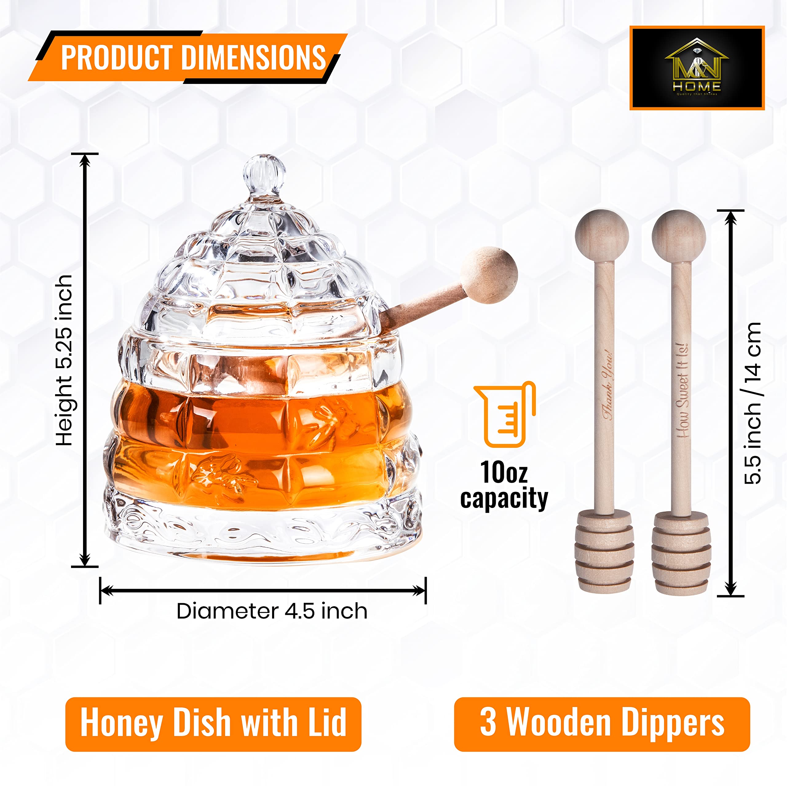 M&N HOME Honey Dish with 3 Dippers, Honey Jar, Large Glass Honey Pot storage with Lid and Inscribed Wooden Honey Dippers, Glass