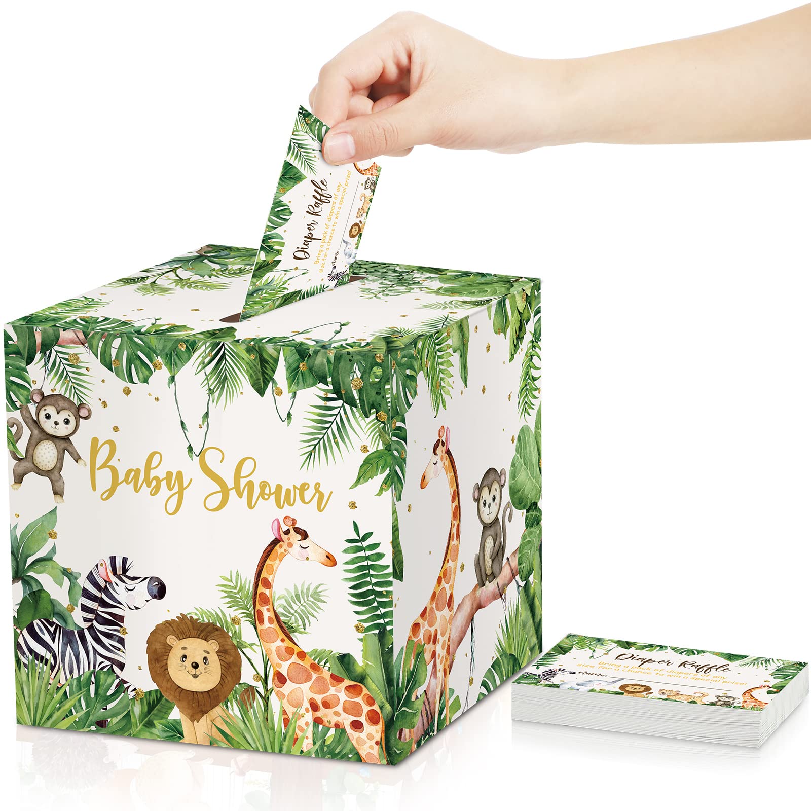 51 Pieces Woodland Baby Shower Card Box And Advice Cards, Diaper Raffle Game Box Tickets, Animals Safari Creatures Party Decorat
