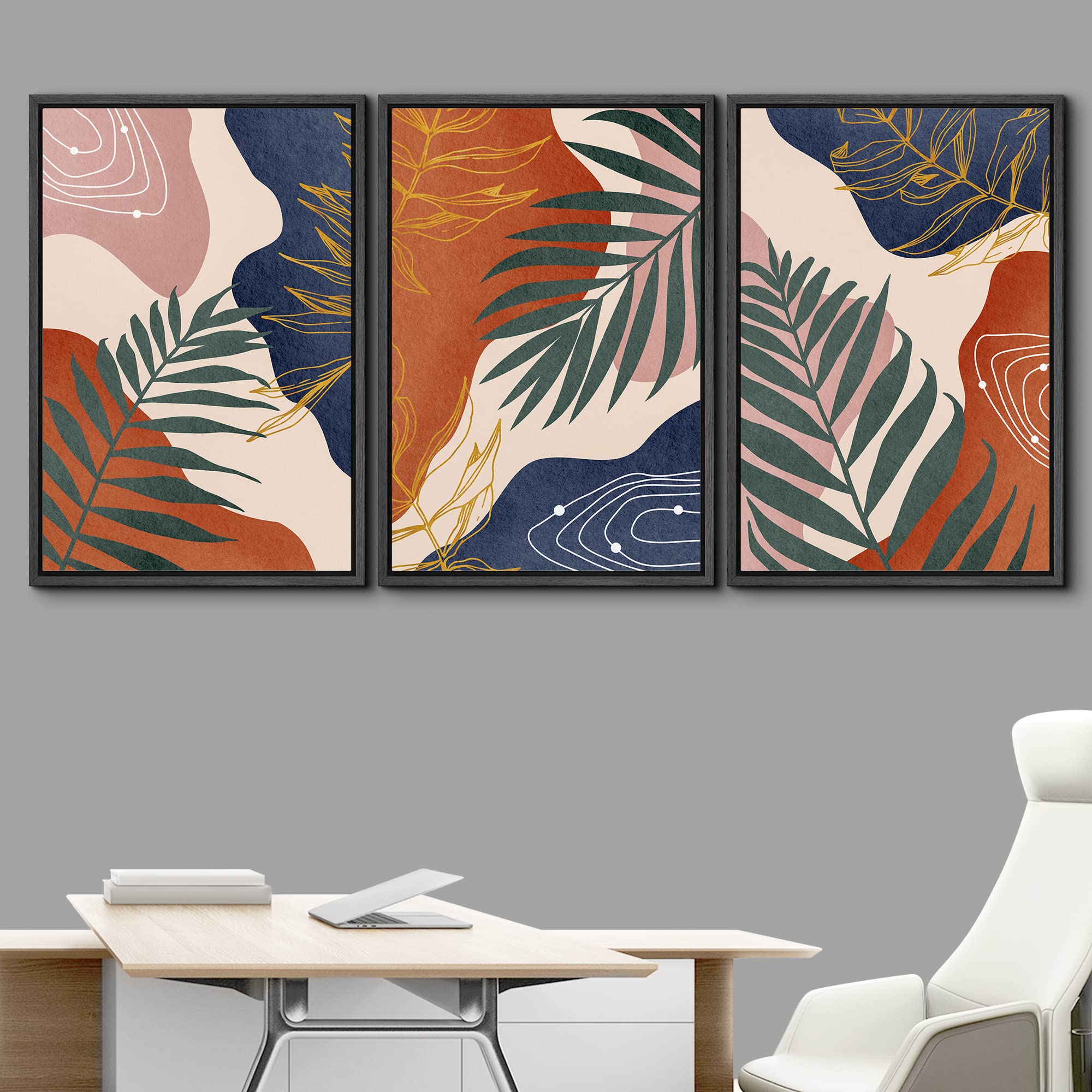 Idea4Wall Framed Wall Art Print Set Tropical Geometric Jungle Palm Leaves Nature Wilderness Illustrations Modern Decorative Rela