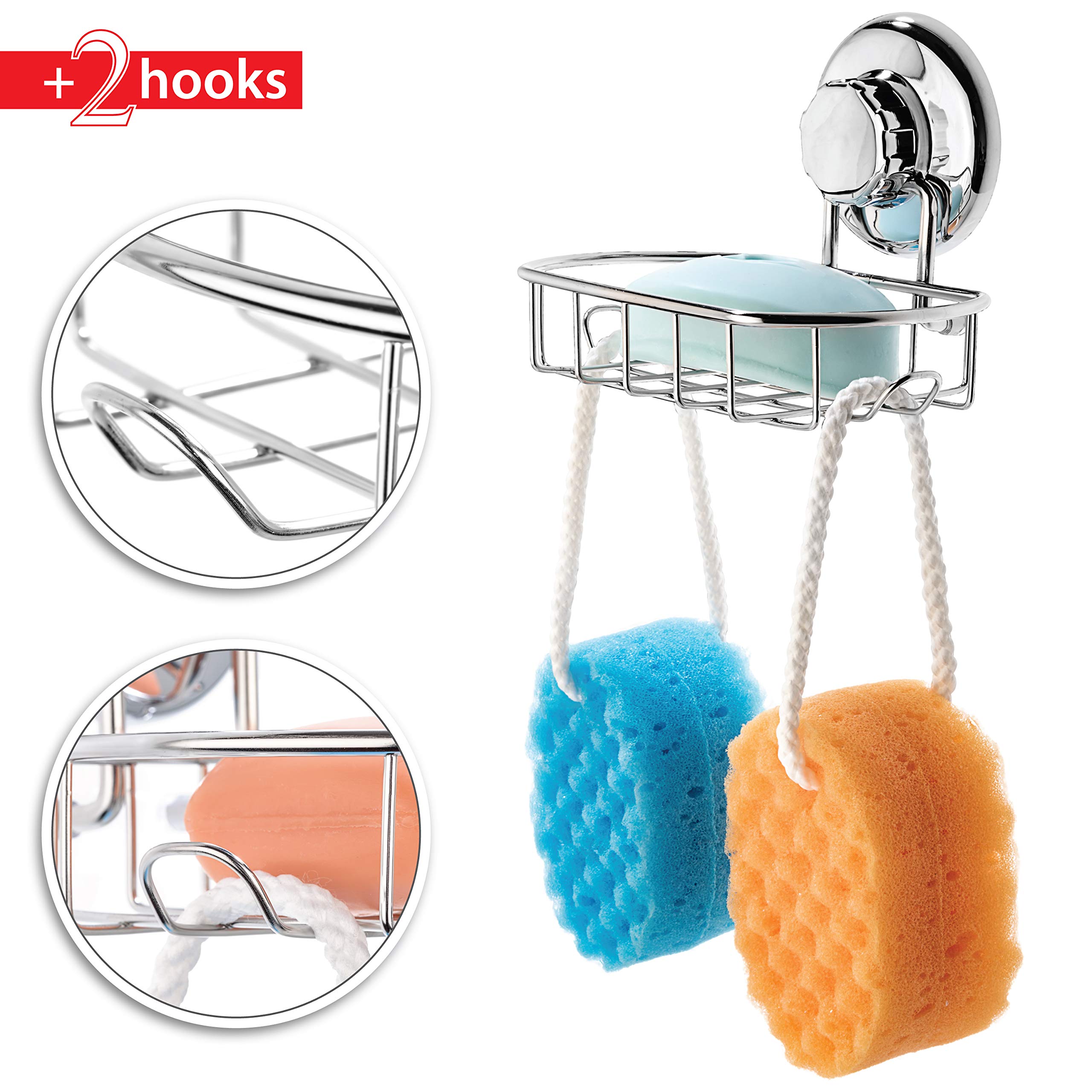 Hasko Accessories Suction Soap Dish With Hooks | Powerful Vacuum Suction Cup Soap Holder | Soap Basket Sponge Holder For Bathroo