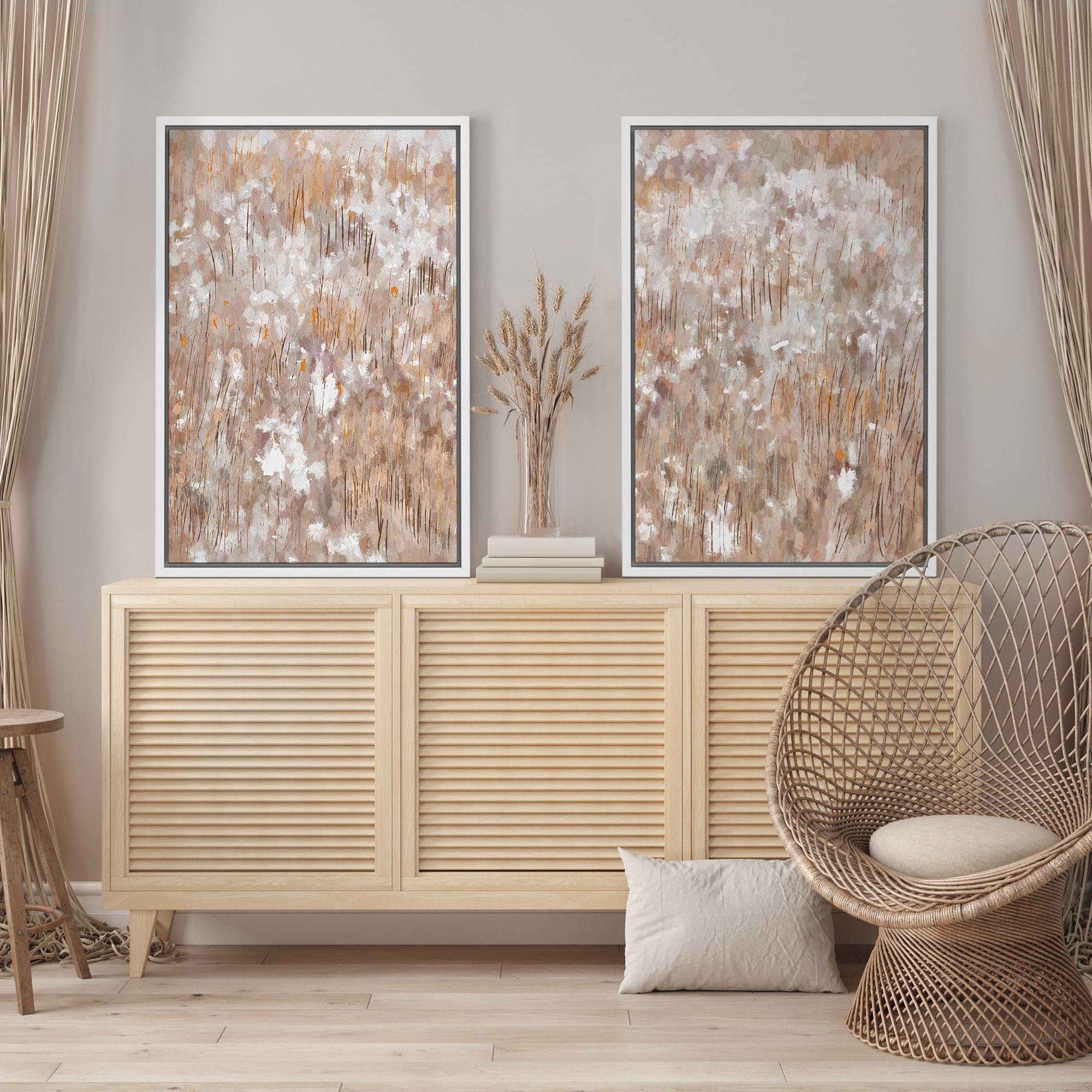 Signford Framed Canvas Print Wall Art Set Misty Reeds Soft Hues In Abstract Illustration Modern Art Decorative Nordic Nature For