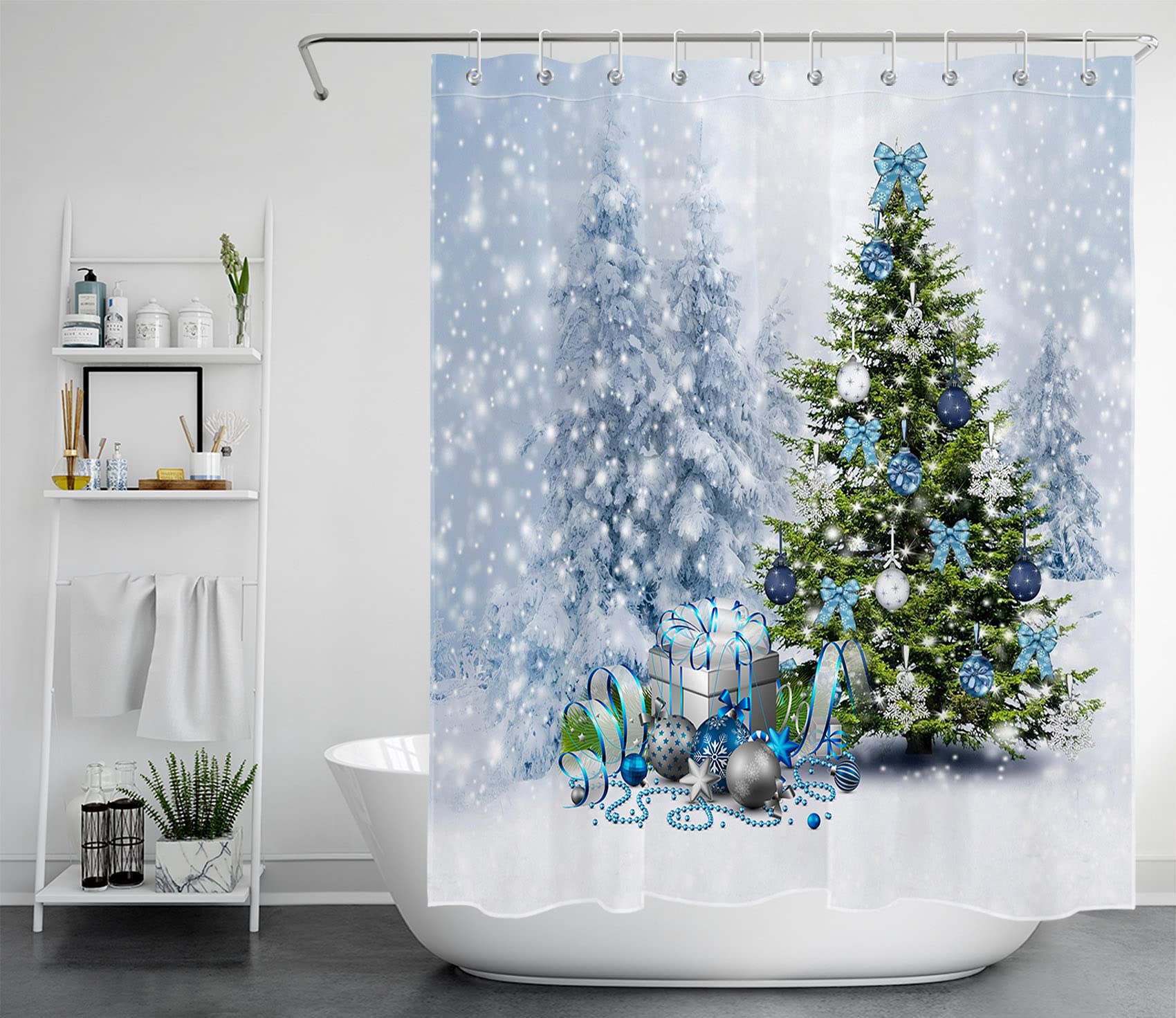 Eobtain Christmas Pine Tree Shower Curtain Silver Blue Xmas Balls Gifts Bow Winter Forest Snow Scene White Snowflake Bathroom Cu