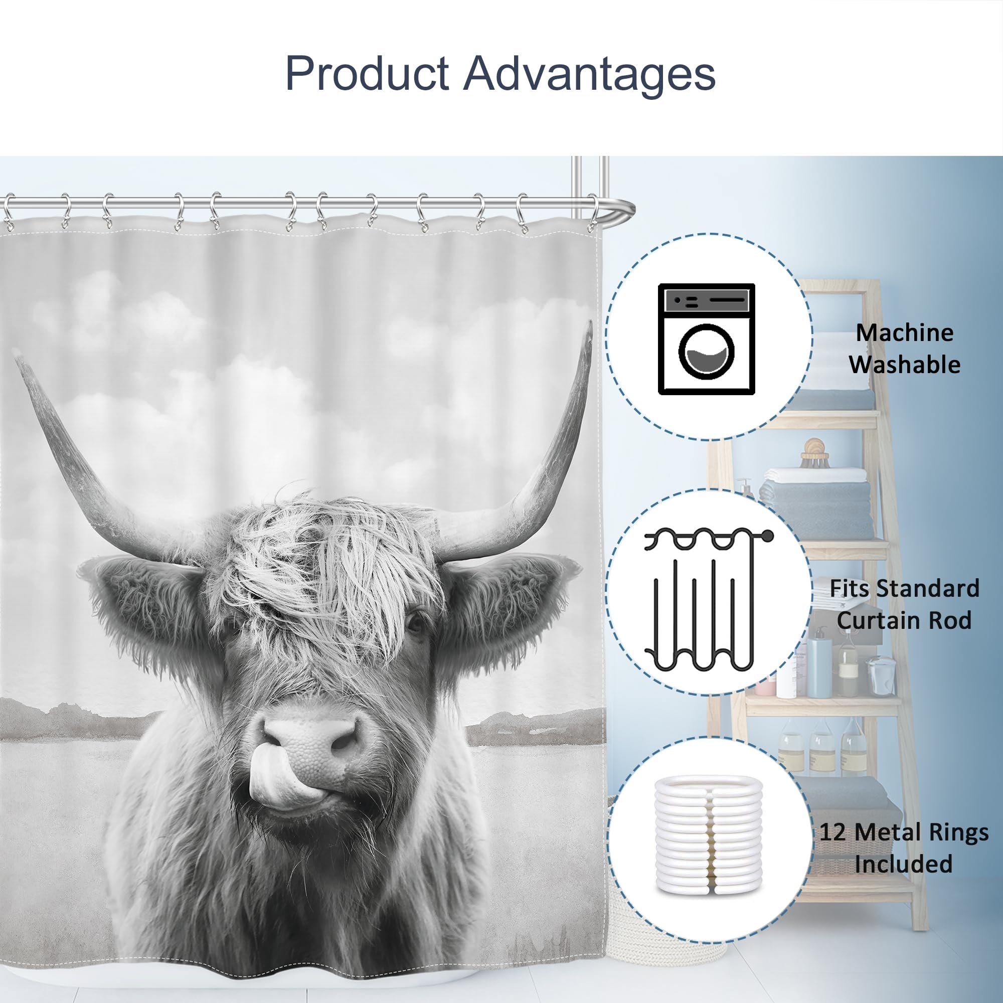 Ambzek Farmhouse Highland Cow Shower Curtain 72Wx72L Inch Rustic Cute Bull Western Country Funny Wildlife Farm Animal Artwork Cl