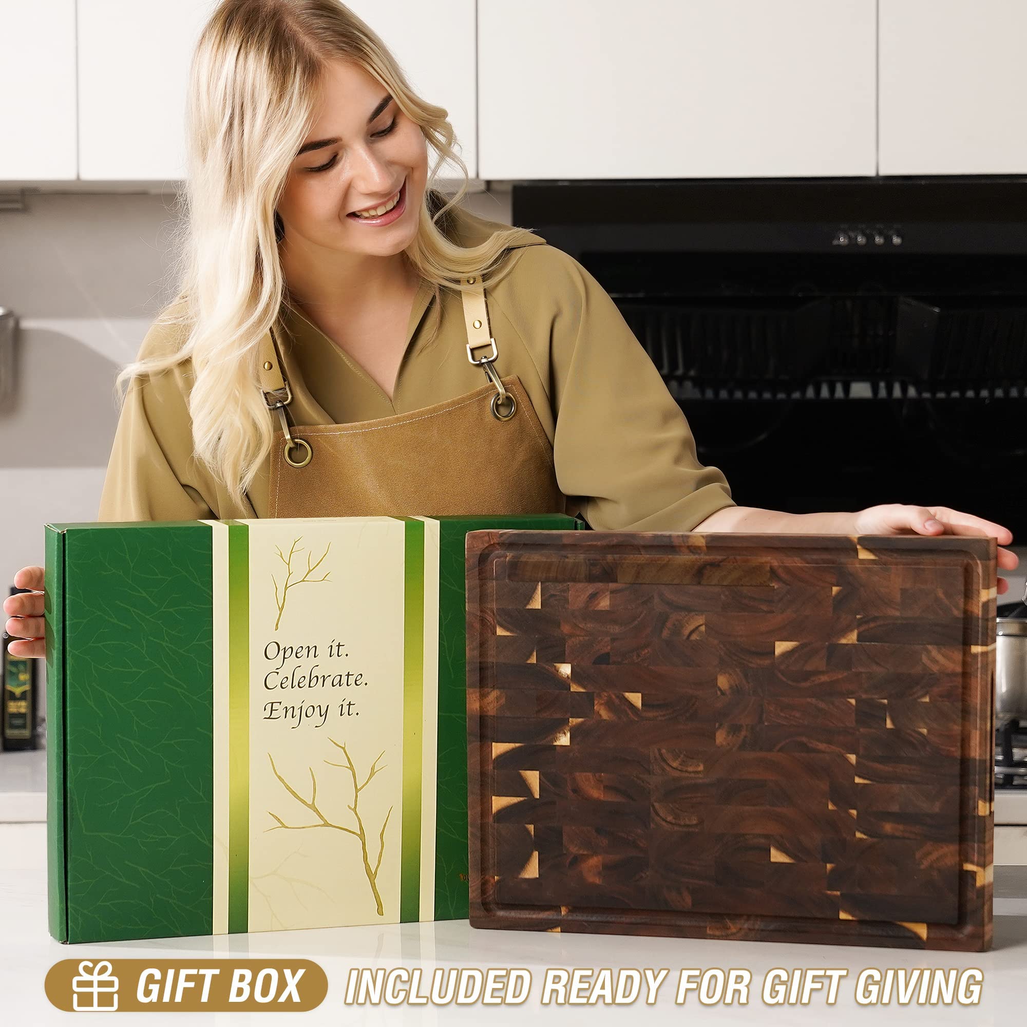 AZRHOM Large Thick End Grain Acacia Wood Butcher Block 17x13x1.5 in Wood Cutting Board for Kitchen with Non-slip Mats Juice Groo