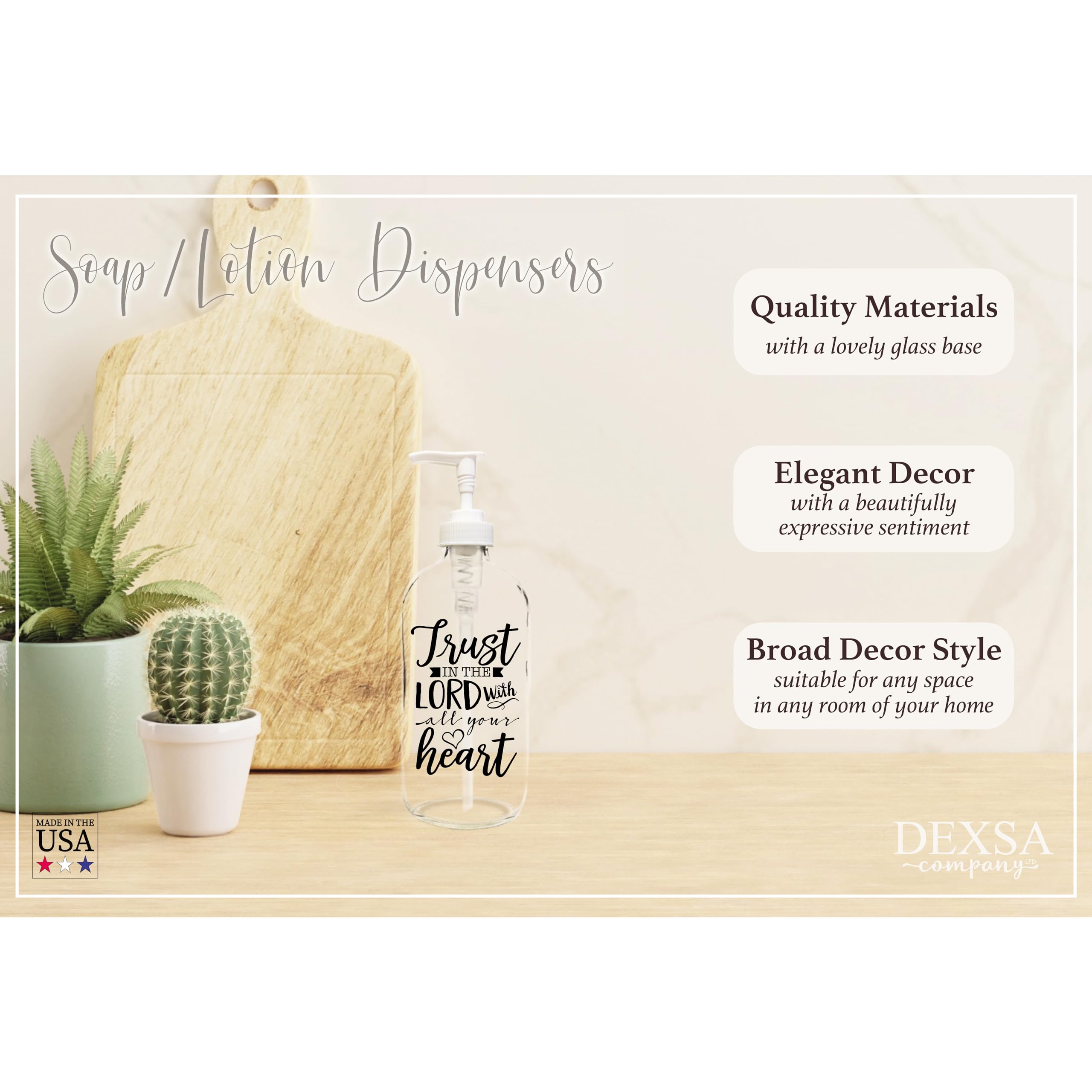 Dexsa 16 Oz Glass Soap Dispenser - Trust In The Lord With All Your Heart. Prov. 3:5