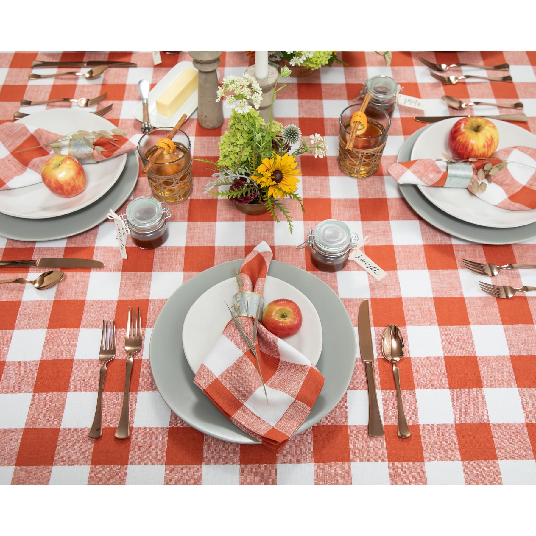 Solino Home Buffalo Check Linen Tablecloth 120 '' L X 60 '' W Inch - 100% Pure Linen Cinnamon And White Table Cloth For Rectangl