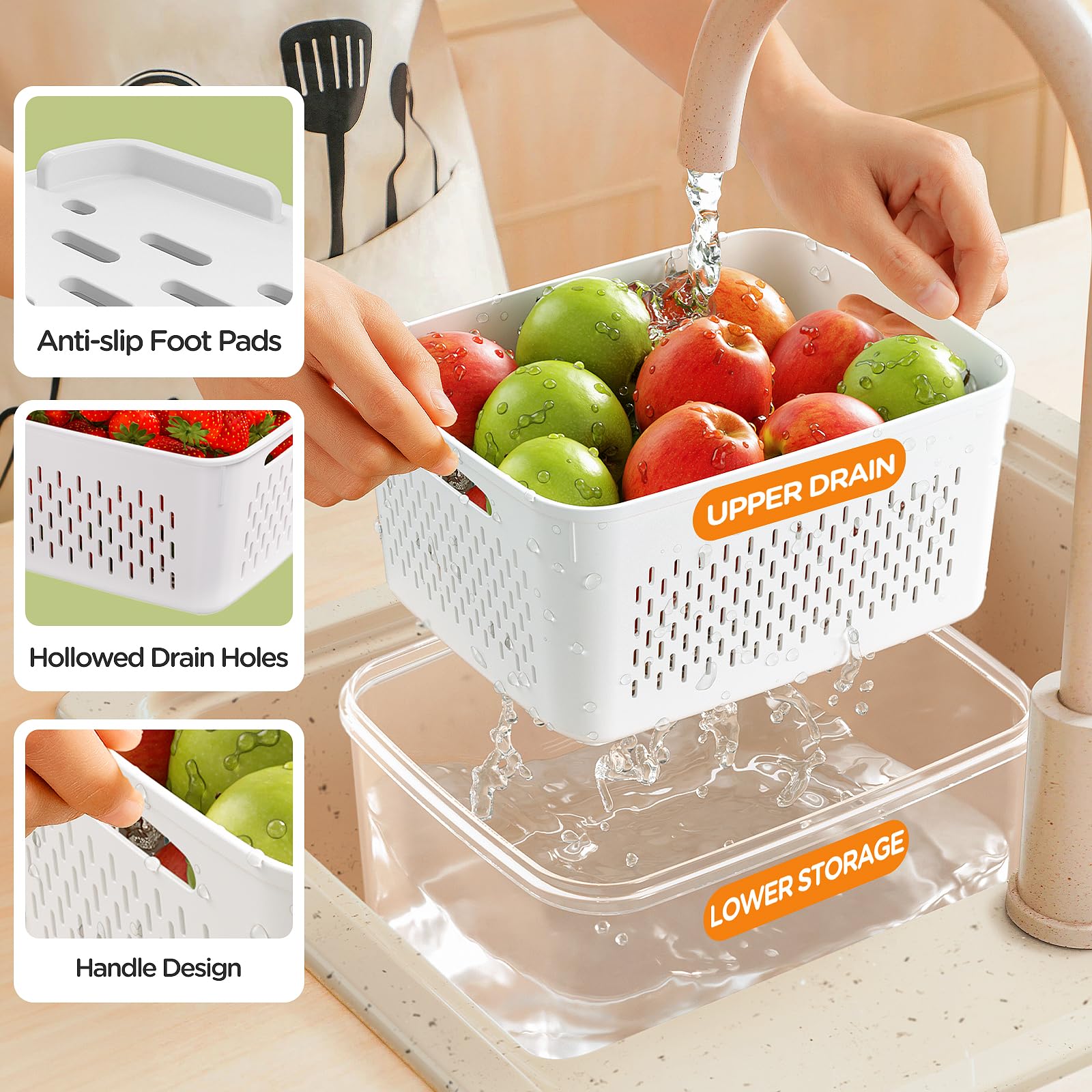 5-Pack Fruit Storage Containers For Fridge With Removable Colanders, 4 In 1 Produce Storage Containers With Lids, Leakproof Frid