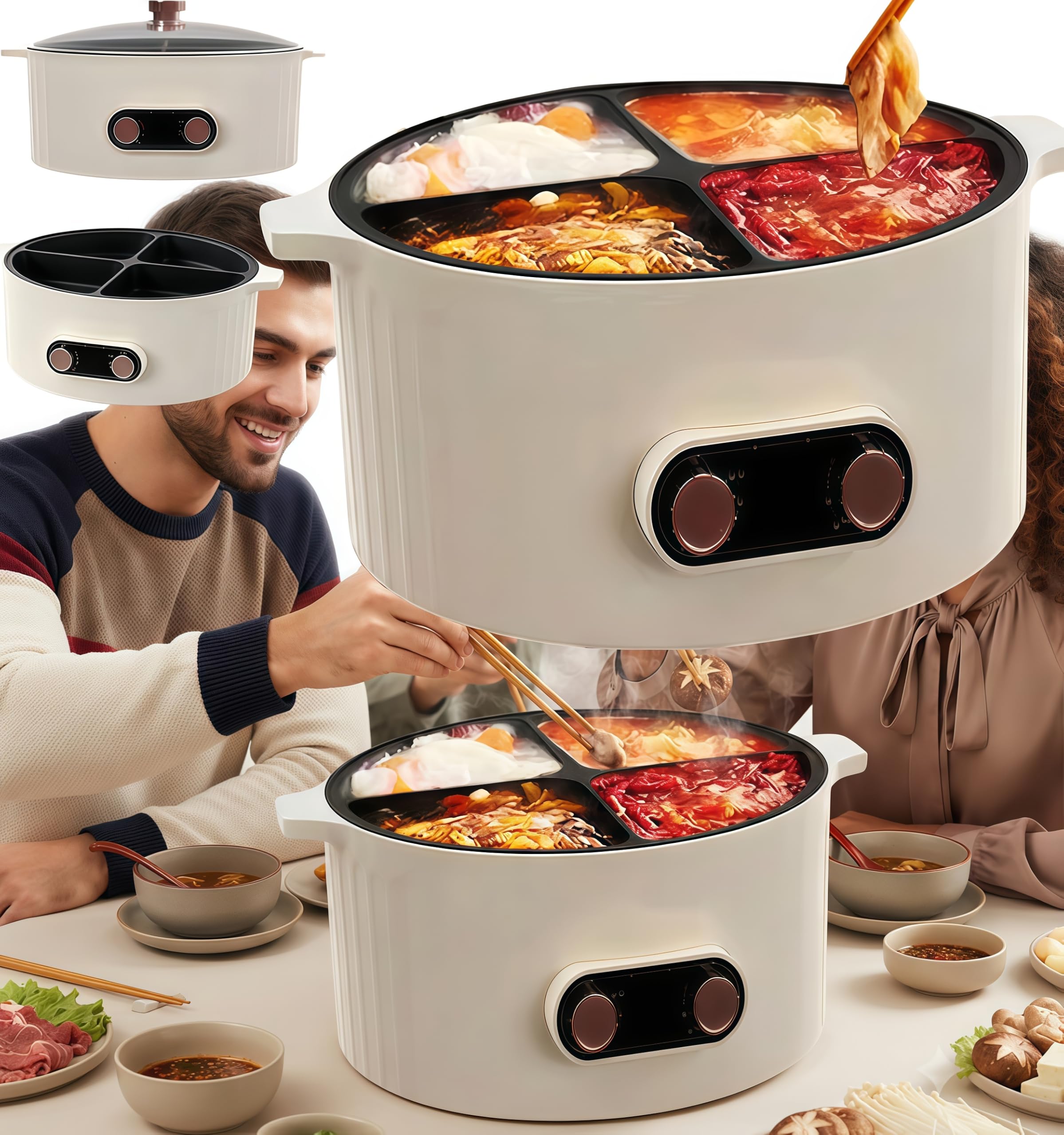 Four Grid Multifunctional Stew Pot, Electric Pot 4 Compartment 4 Compartment Divider Cooker 6L Shabu Shabu Pot Electric Large F