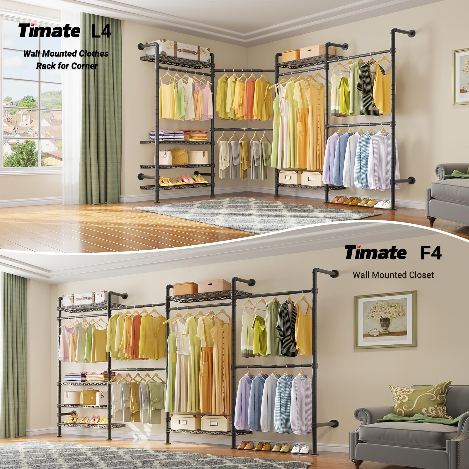 Timate L4 L Shape Garment Rack Heavy Duty Clothes Rack For Hanging Clothes, Expandable Industrial Pipe Clothing Rack, Wall Mount