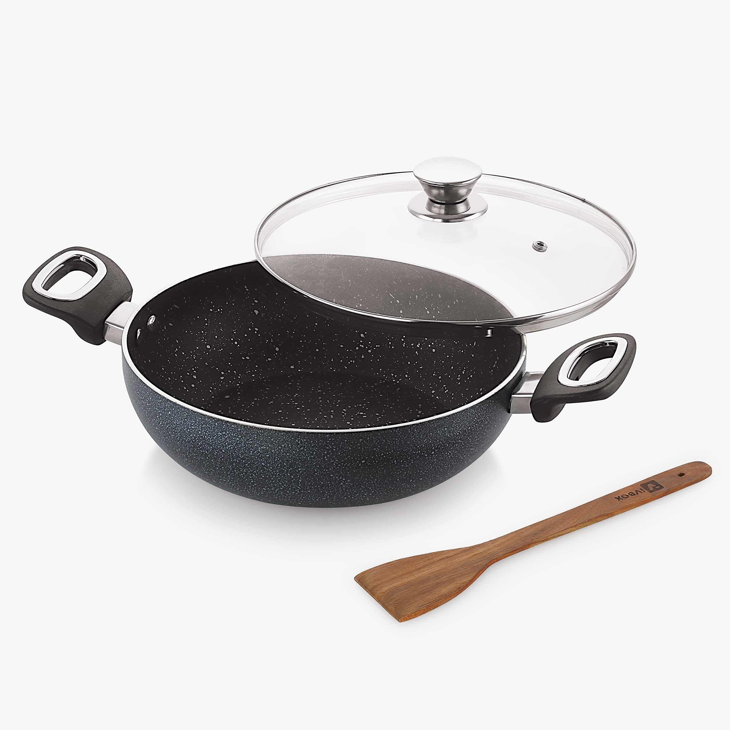 Ivbox Ruff & Tuff Deep Kadhai 4Mm-Thick Non Stick With Glass Lid (Induction And Gas Stove Compatible), 240 Mm, 2.5 Ltr, Aluminiu