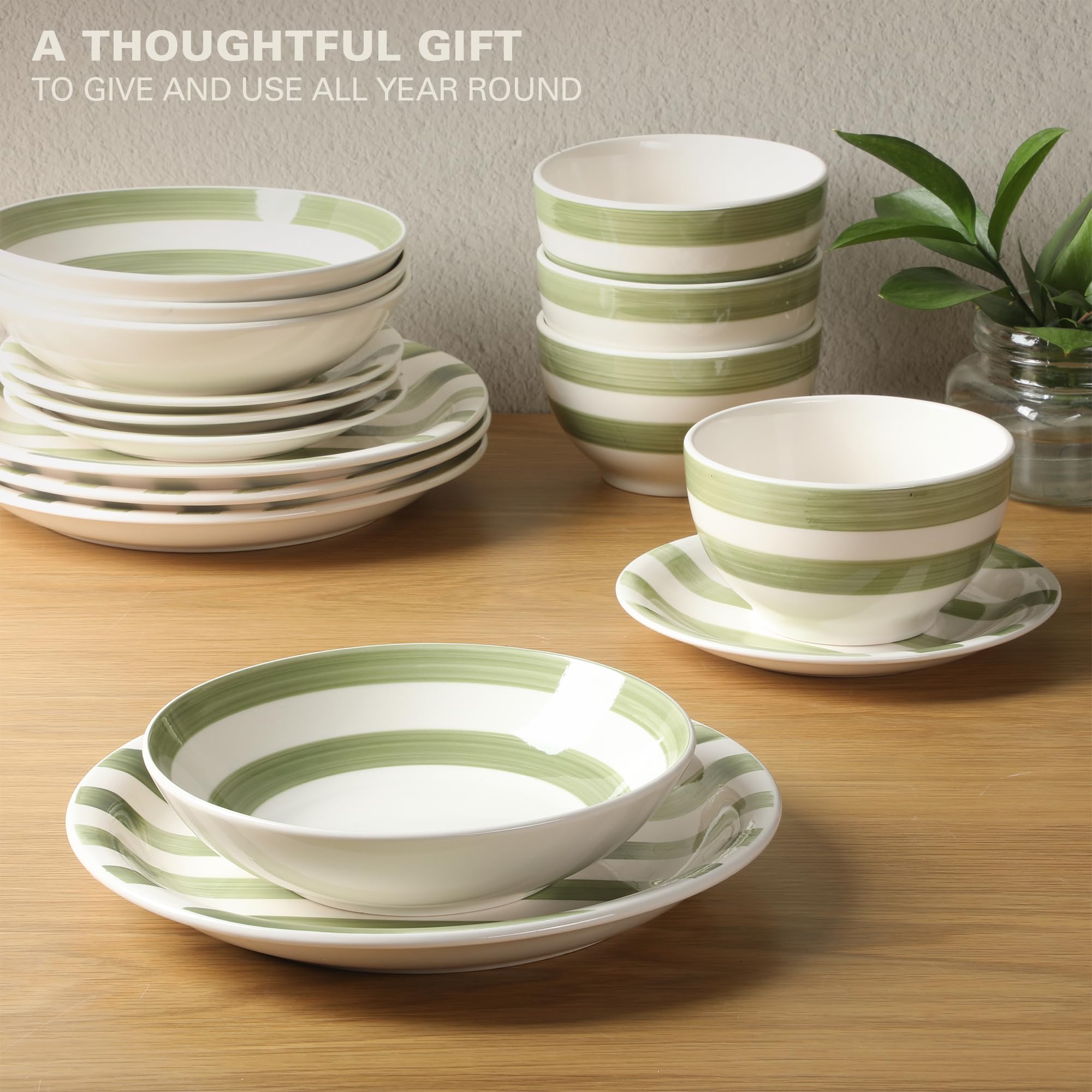 Gibson Home Kenwood Shores 16 Piece Dinnerware Set, Green Striped, Hand-Painted Stoneware, Plates and Bowls, Service for 4, Micr