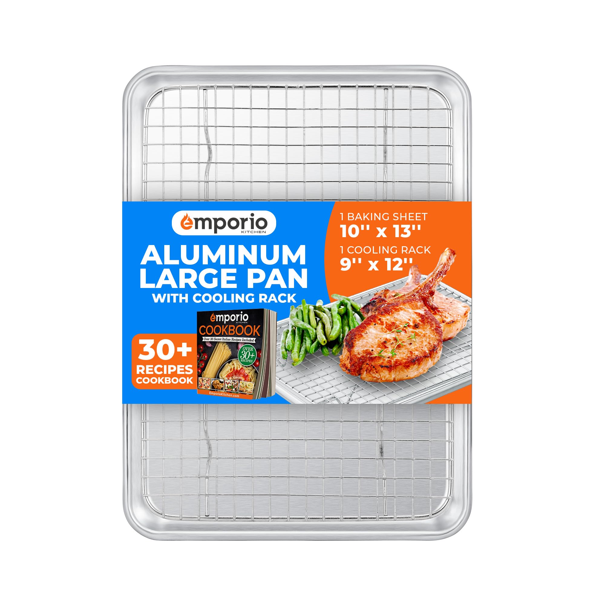Baking Pan Set  9 x 13 Aluminum Baking Pan with Stainless Steel Cooling Rack Set, PFOA, PFOS, PTFE Free, Recipe Booklet Inclu
