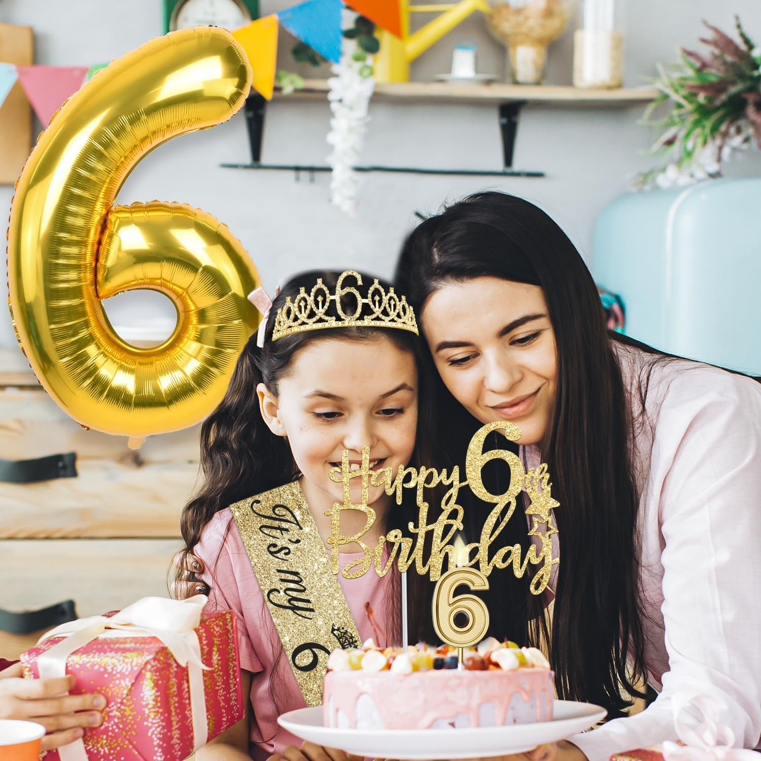 6th Birthday Decorations for Girl with 6th Birthday Sash and Tiara, Candle and Cake Topper, Number Balloon, 6 Year Old Girl Gift
