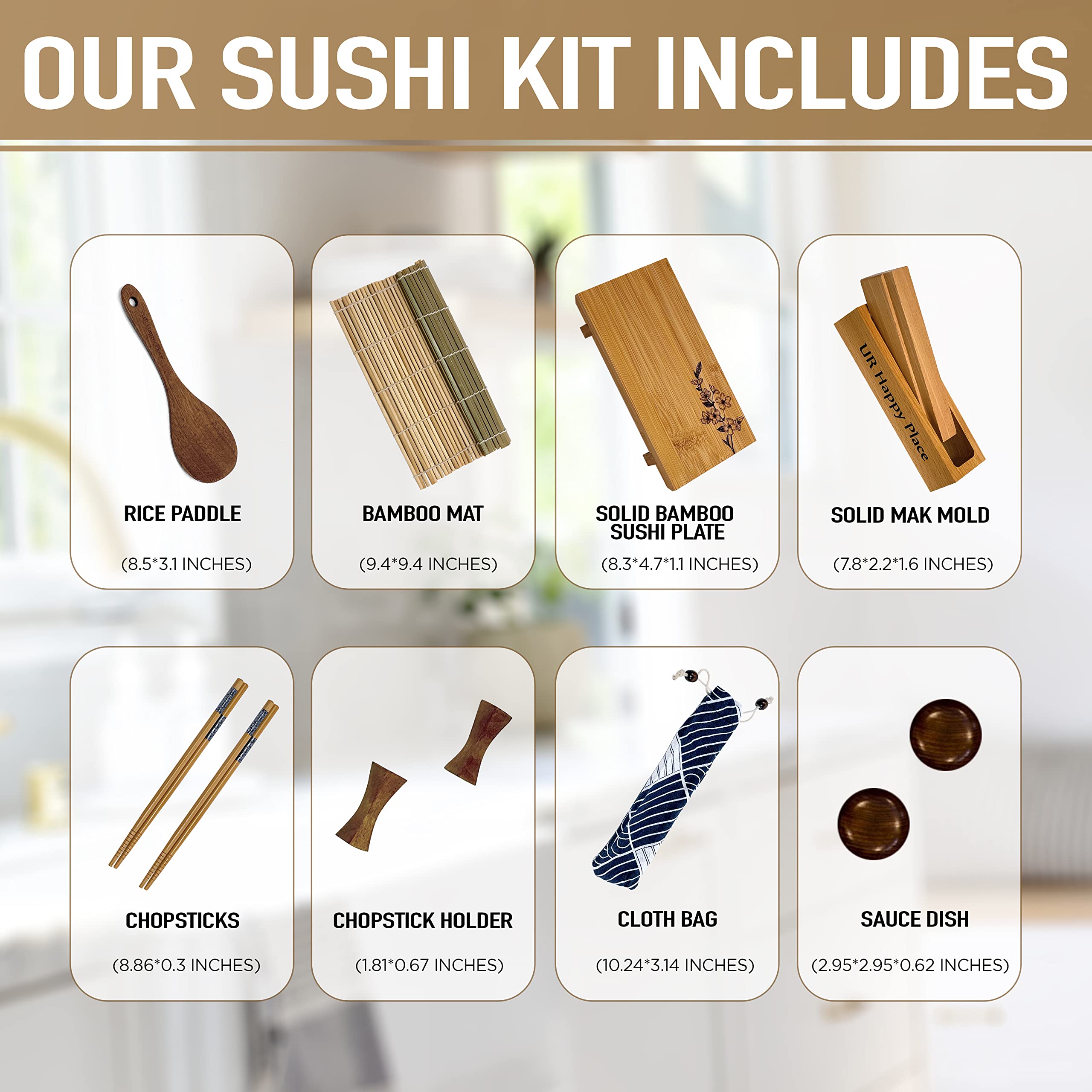 UR Happy Place Sushi Making Kit – 15-Piece Set with Bamboo Mat & Oak Maki Press, Large, Engraved Cherry Blossom Plate