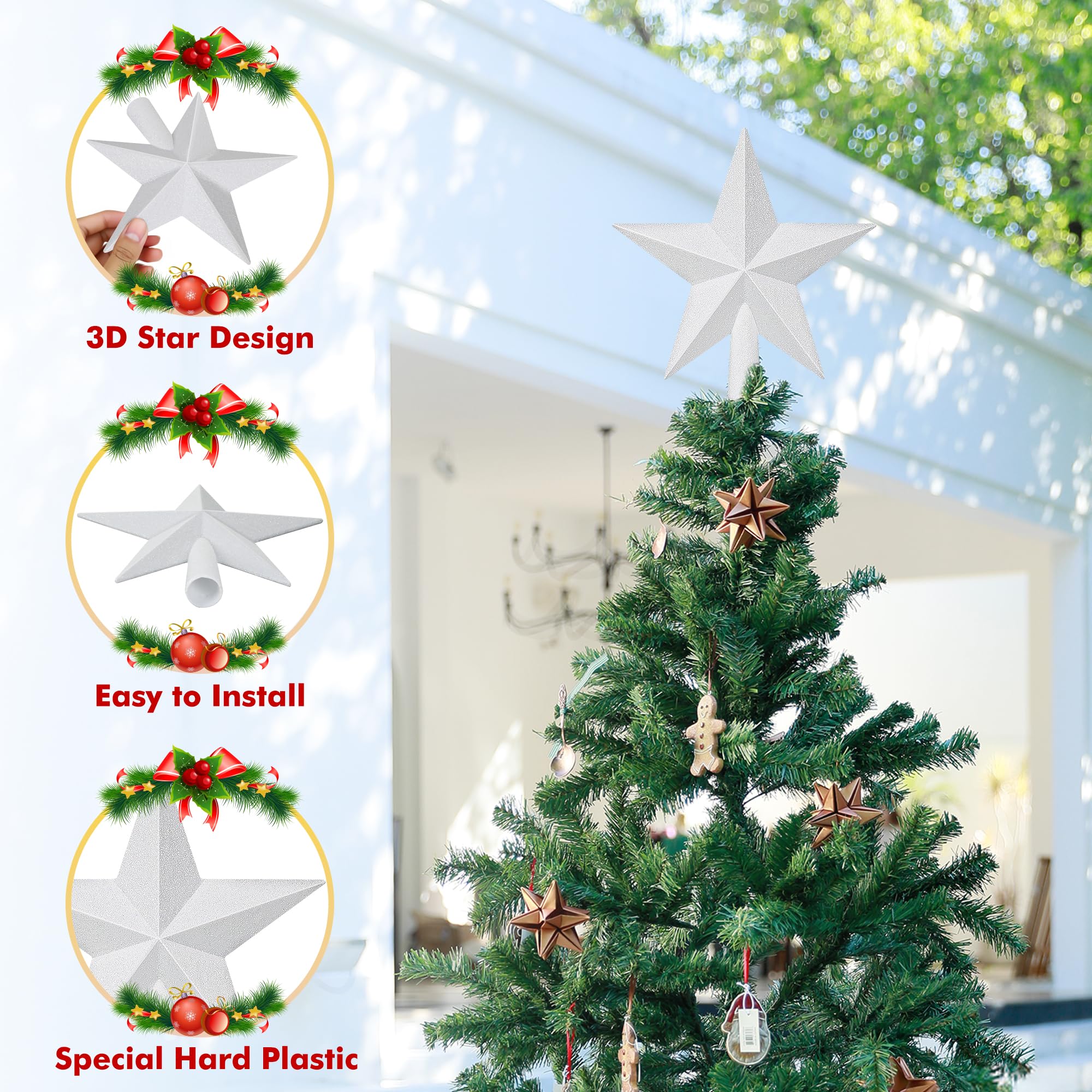 Star Tree Topper, 8 White Christmas Tee Topper Decorations, Glitter 3D Xmas Bethlehem Star Waterproof Shatter-Proof, Christmas T