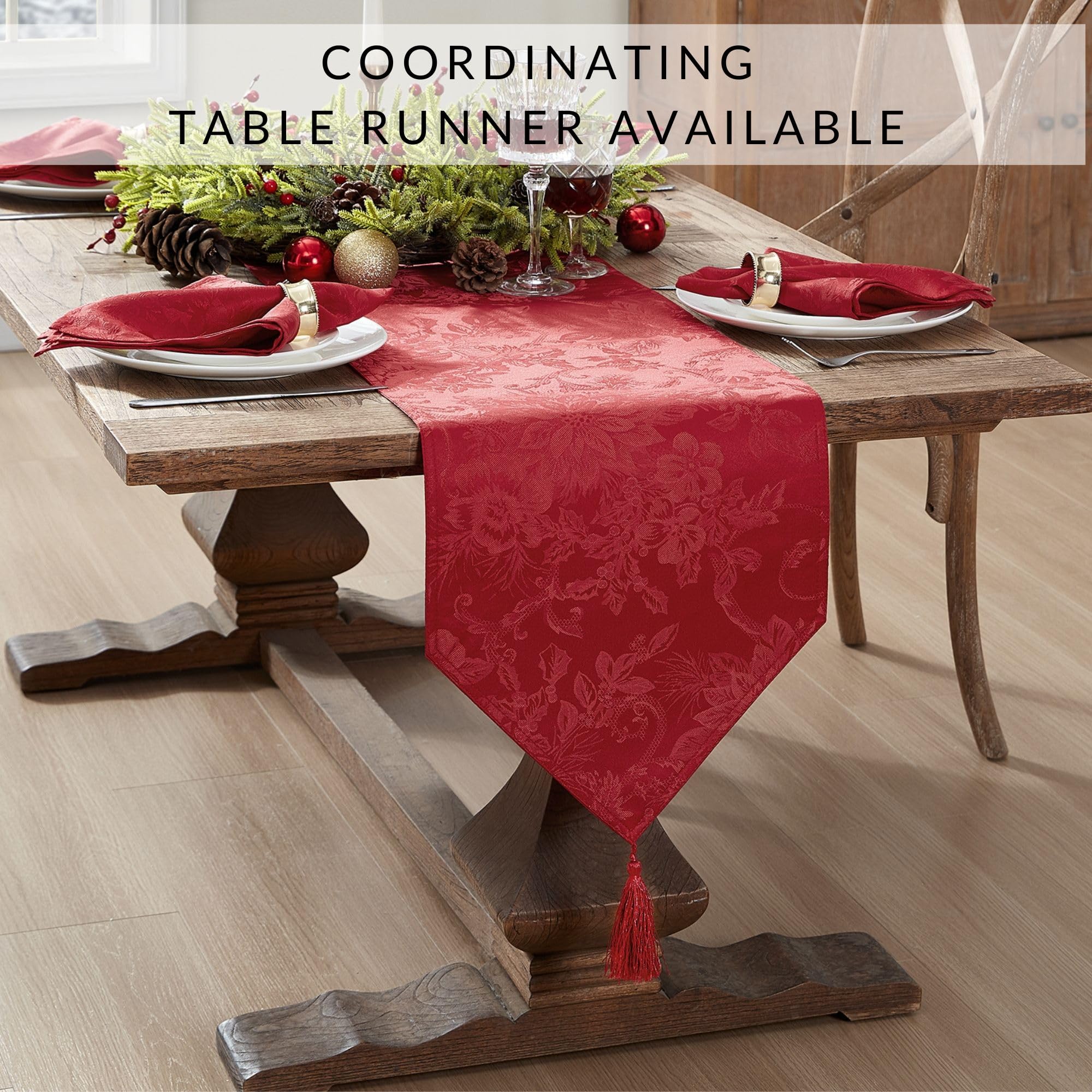 Elrene Home Fashions Poinsettia Elegance Jacquard Christmas/Holiday Rectangle Dining Placemat, Set Of 4, 13''X19'', Red
