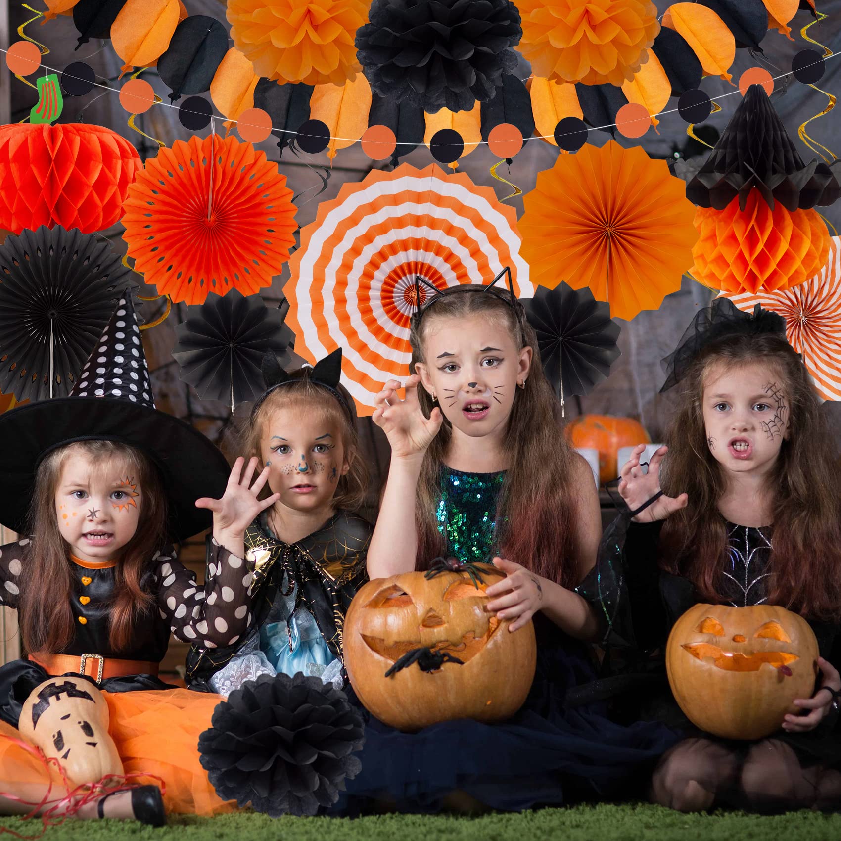 Halloween Party Decoration Festival Set - Huryfox 33pcs Birthday Bunting Decorations Paper Pom Poms Supplies Garland Hanging Honeycomb Balls Suitable for Halloween Garden Indoor Home D?cor