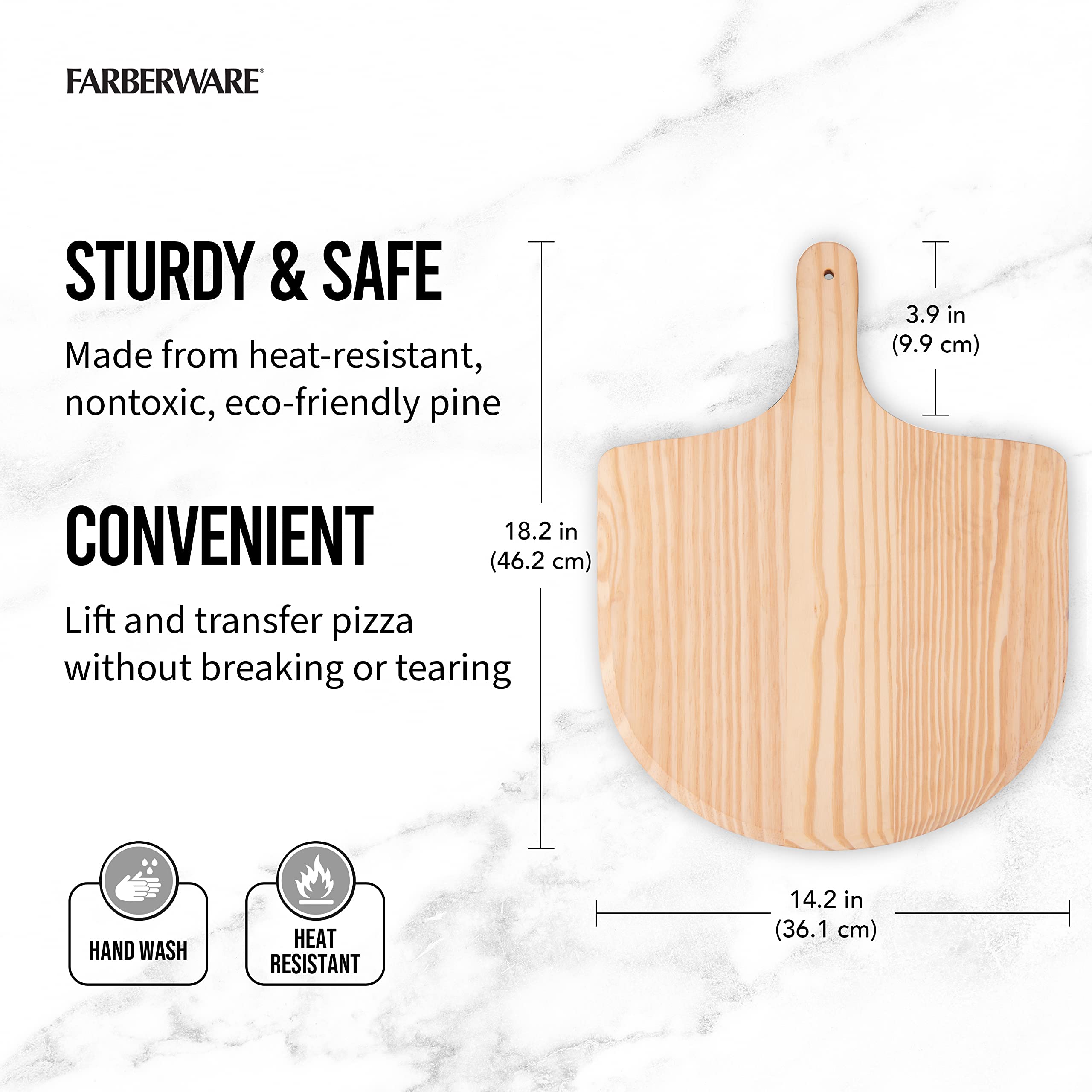 Farberware Bbq Pizza Peel To Transfer Large Pies And Serve, Oven Safe, Solid Pine Wood With Hanging Hole, 18 Inch