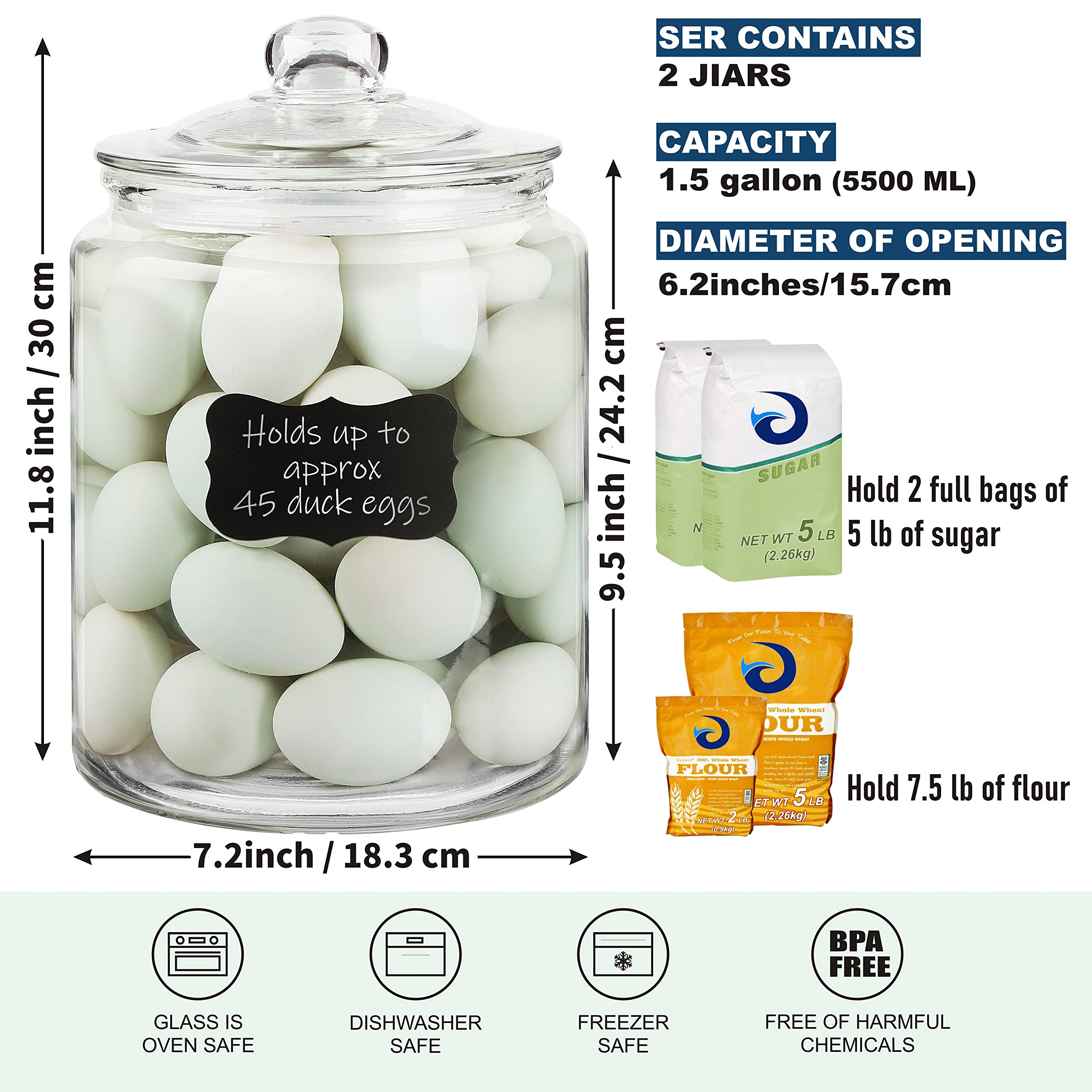 Daitouge 1.5 Gallon Glass Canister Set, 2-Pack Airtight Cookie & Candy Jars, Clear Heavy Duty Storage for Flour, Sugar, Rice, Beans