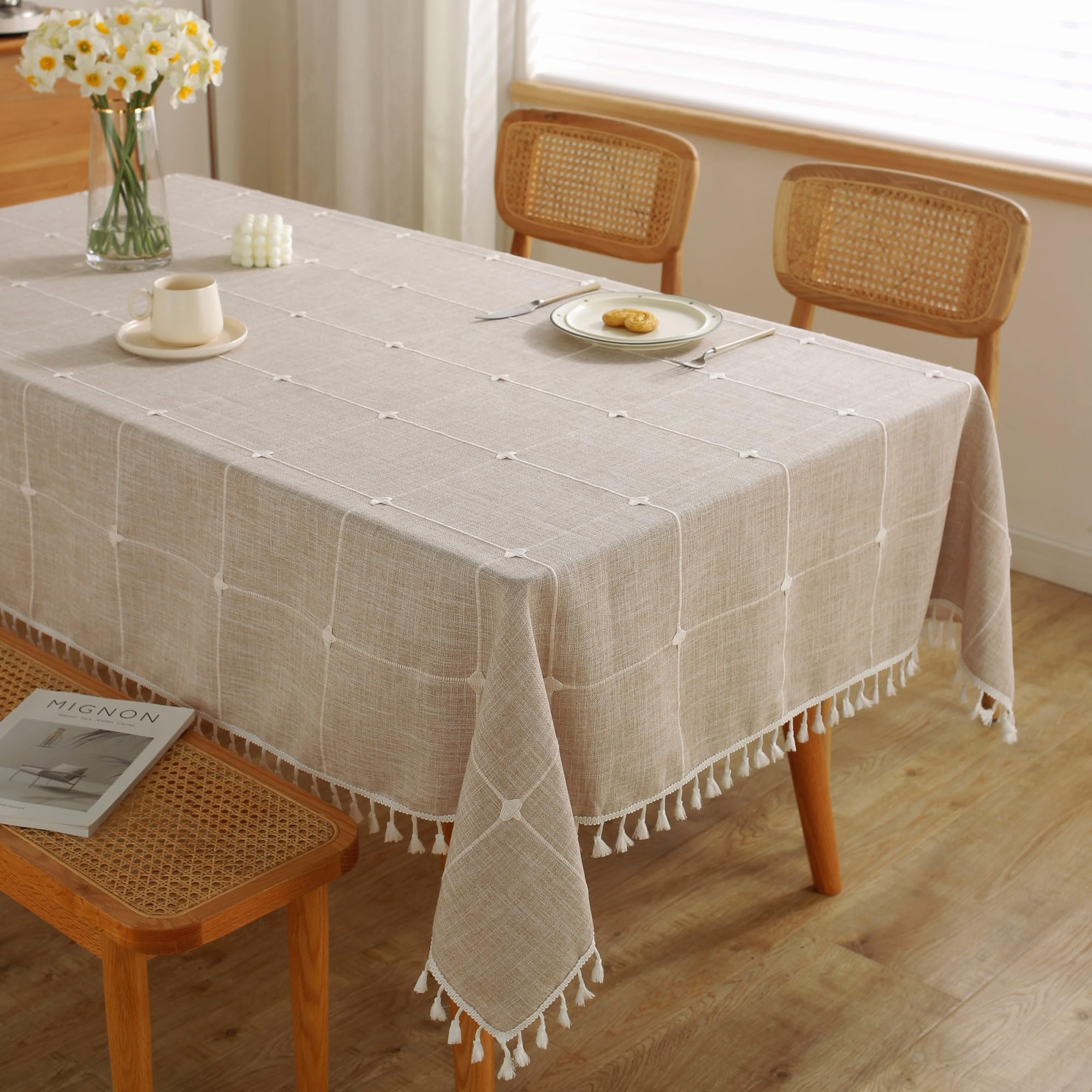 Jiale Tablecloths For Rectangle Tables, Cotton Linen Rustic Tablecloth Waterproof,Wrinkle Free,Soft Fabric Table Cloth Tassels L
