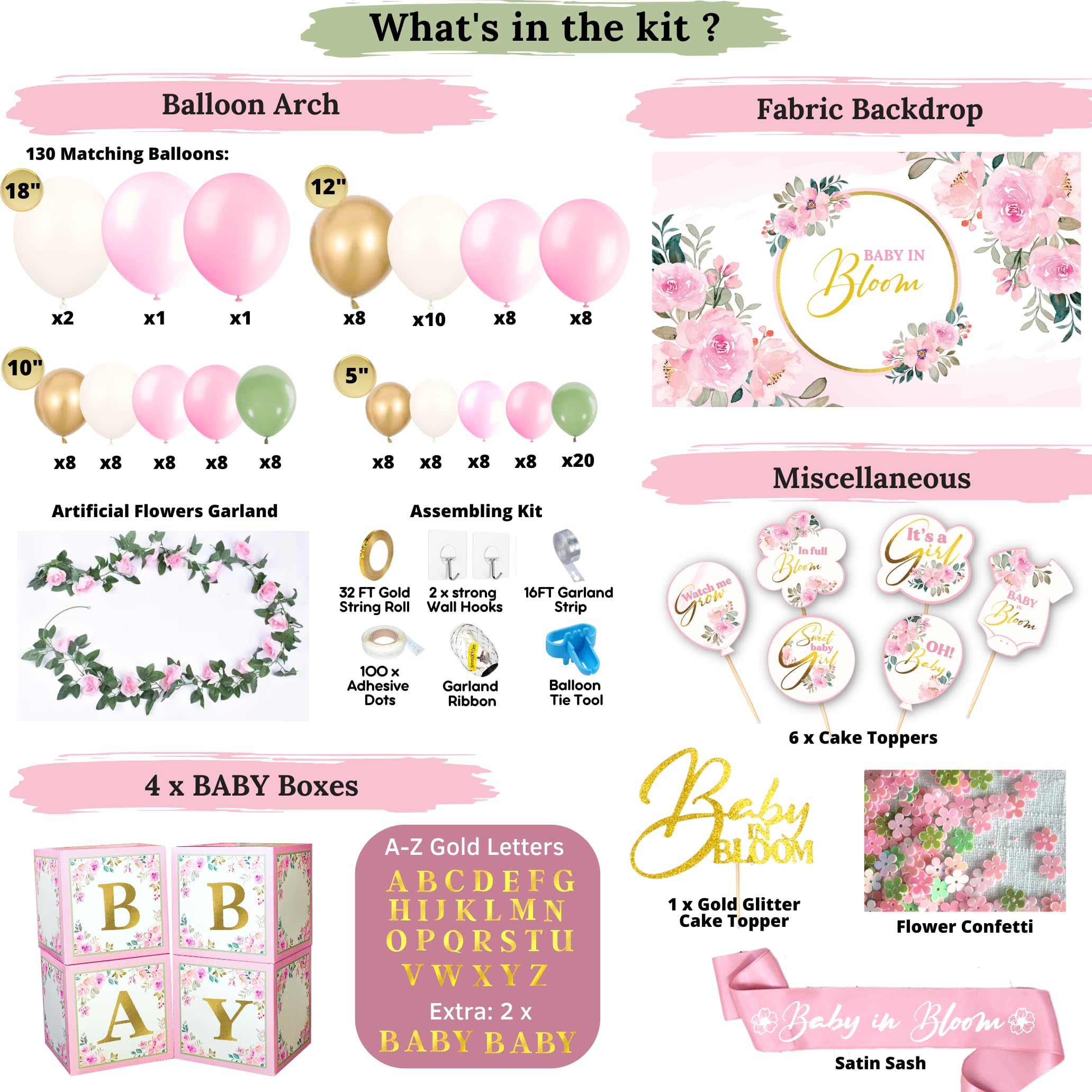 338 Pc Baby In Bloom Baby Shower Decorations For Girl - Balloon Arch Garland & Baby Boxes With Letters, Backdrop, Cake Topers, S