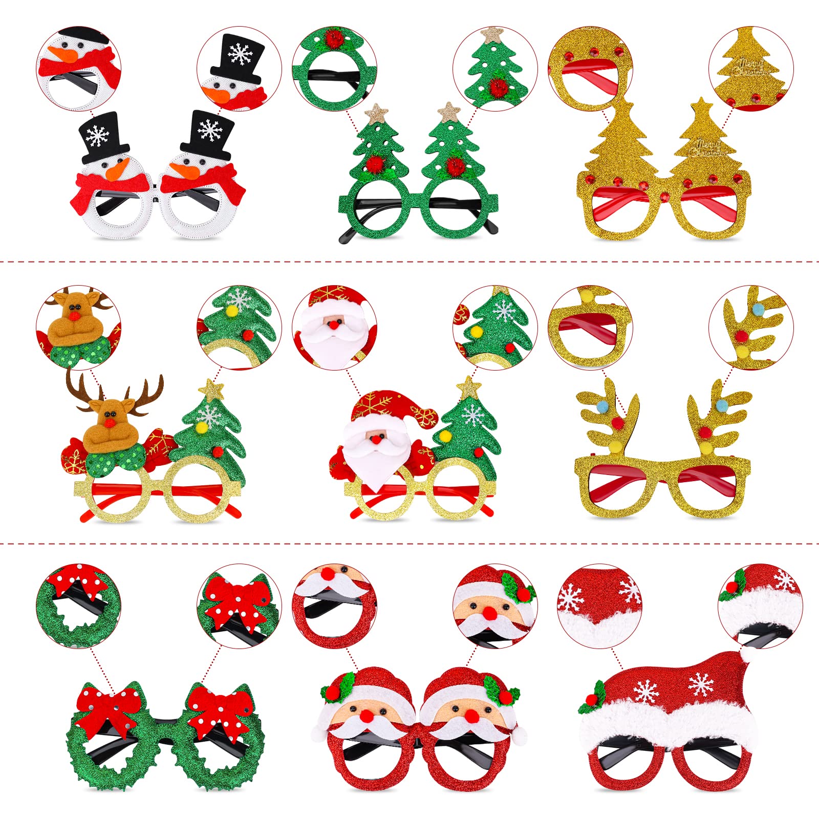 Eeocwf 15 Pcs Christmas Glasses Frame, Holiday Party Eyeglasses Frames Christmas Decoration, Christmas Photo Props Eyewear, Chri