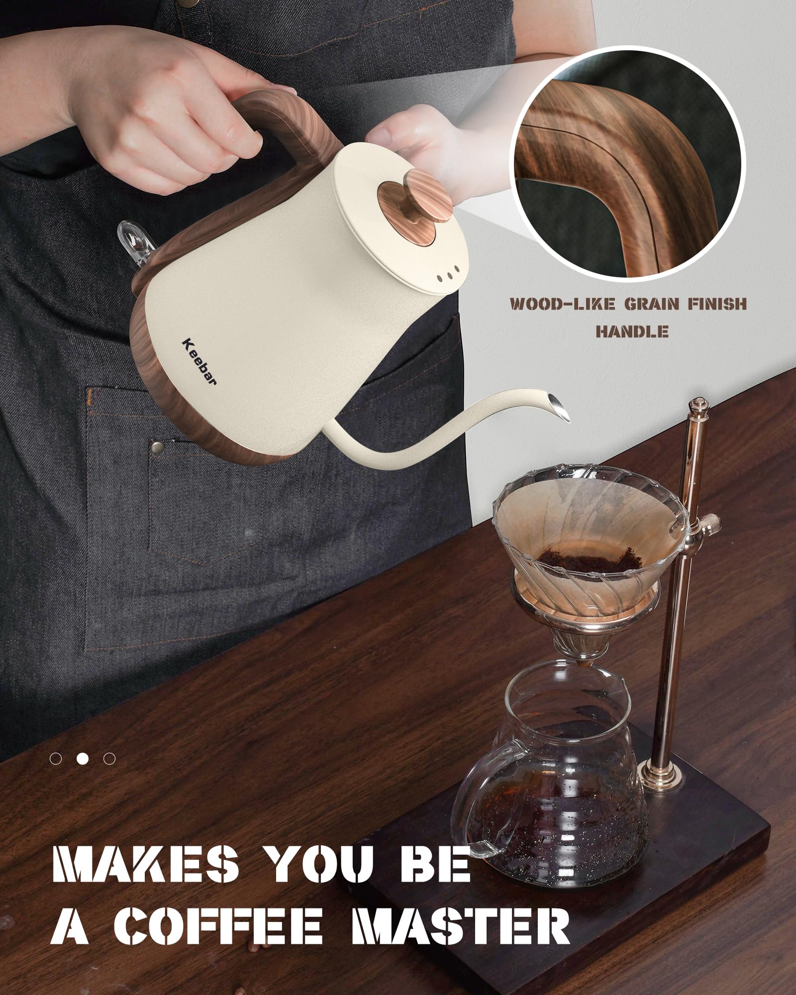 Keebar Gooseneck Electric Kettle Beige, 1000W Electric Tea Kettle Stainless Steel, Pour Over Kettle For Coffee, Wood-Like Grain