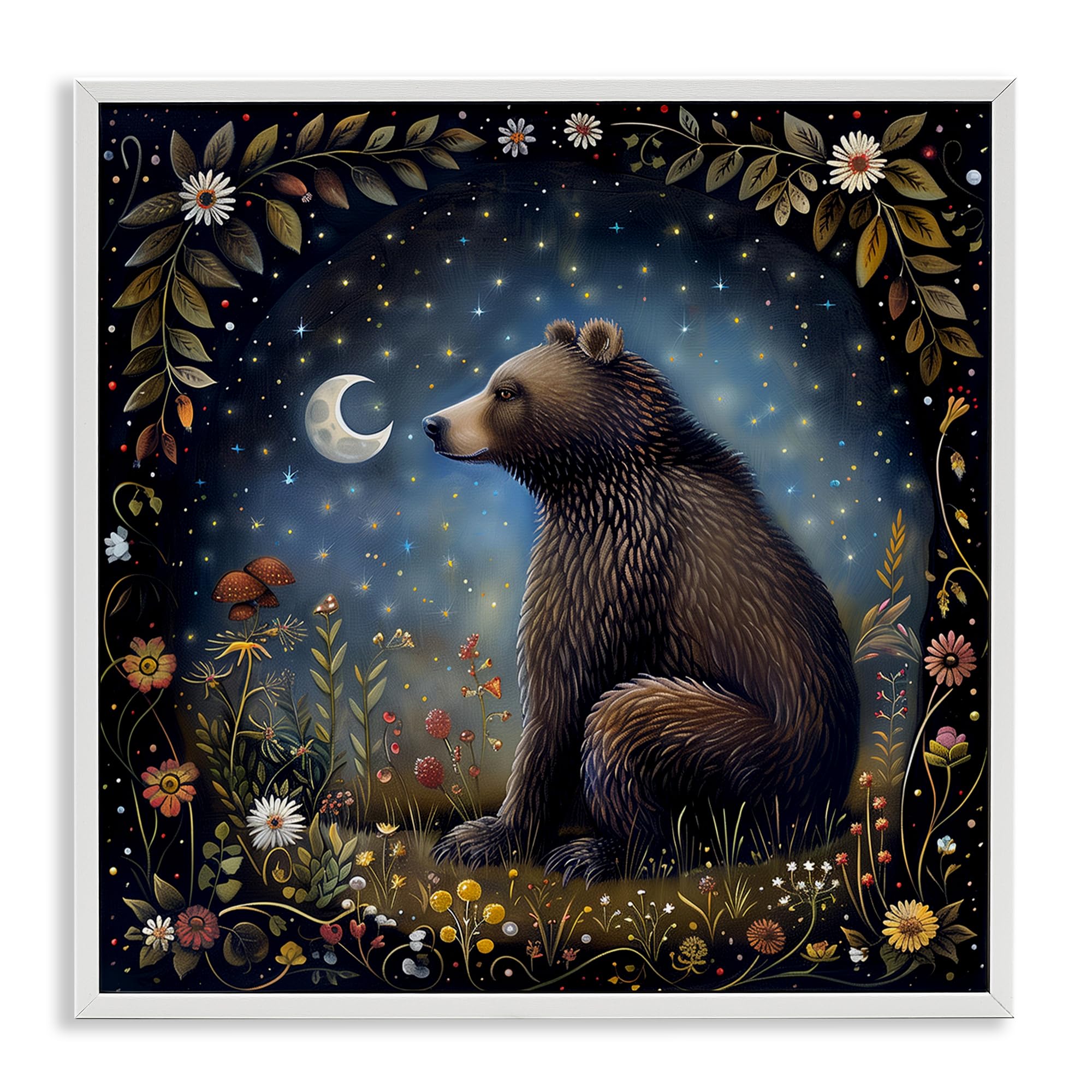 Stupell Industries Woodland Bear Night Forest Framed Giclee Wall Art Design by The Dutch Lady, White Framed, 24 x 24