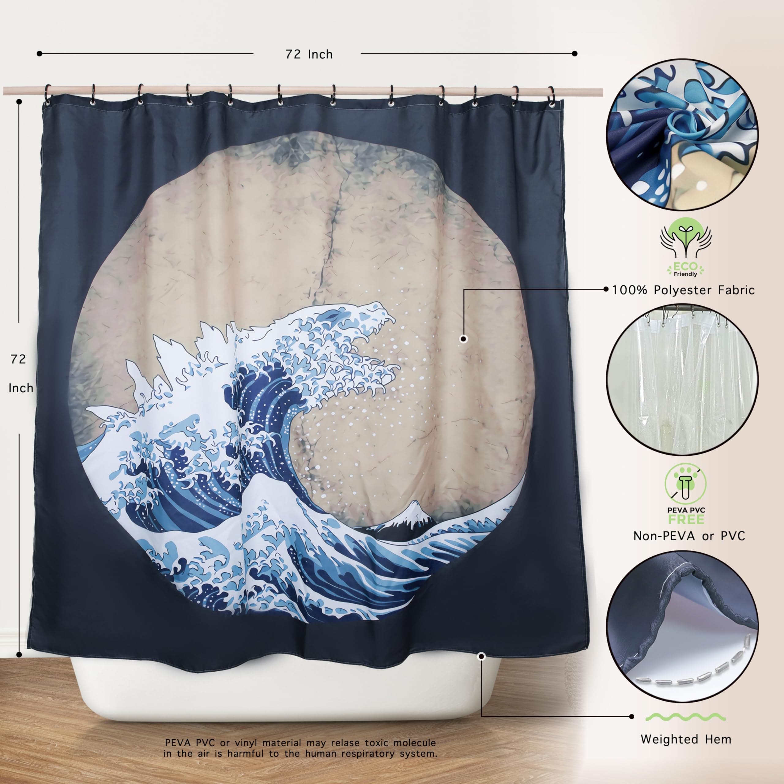 Spanker Space Cool Japanese Navy Blue Funny Anime Asian Kraken Monster Rising From Hokusai The Great Waves Waterproof Bath Showe