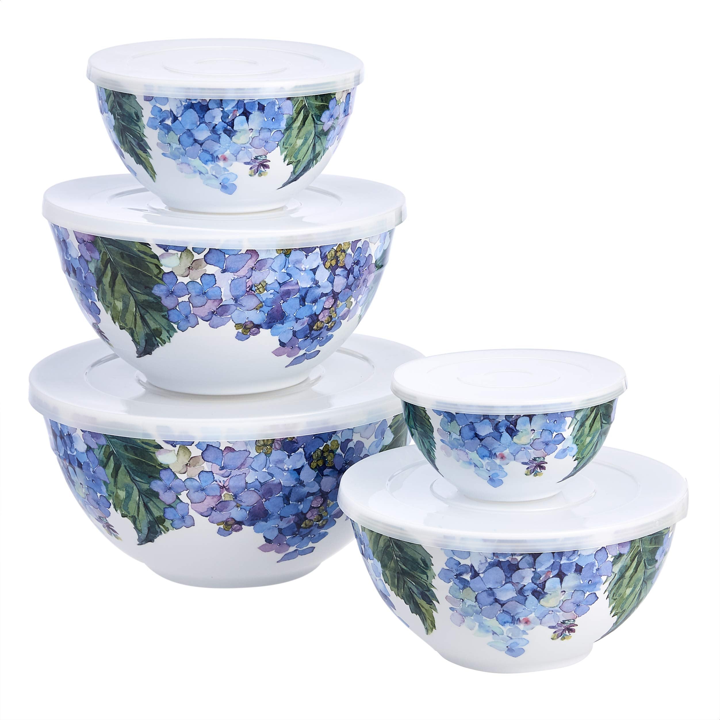 Amazon Basics Nesting Melamine Mixing Bowl With Lid And Non-Slip Base, 5 Sizes, Set Of 10, Hydrangea Floral, 3 15/16,7 9/16,8 7/