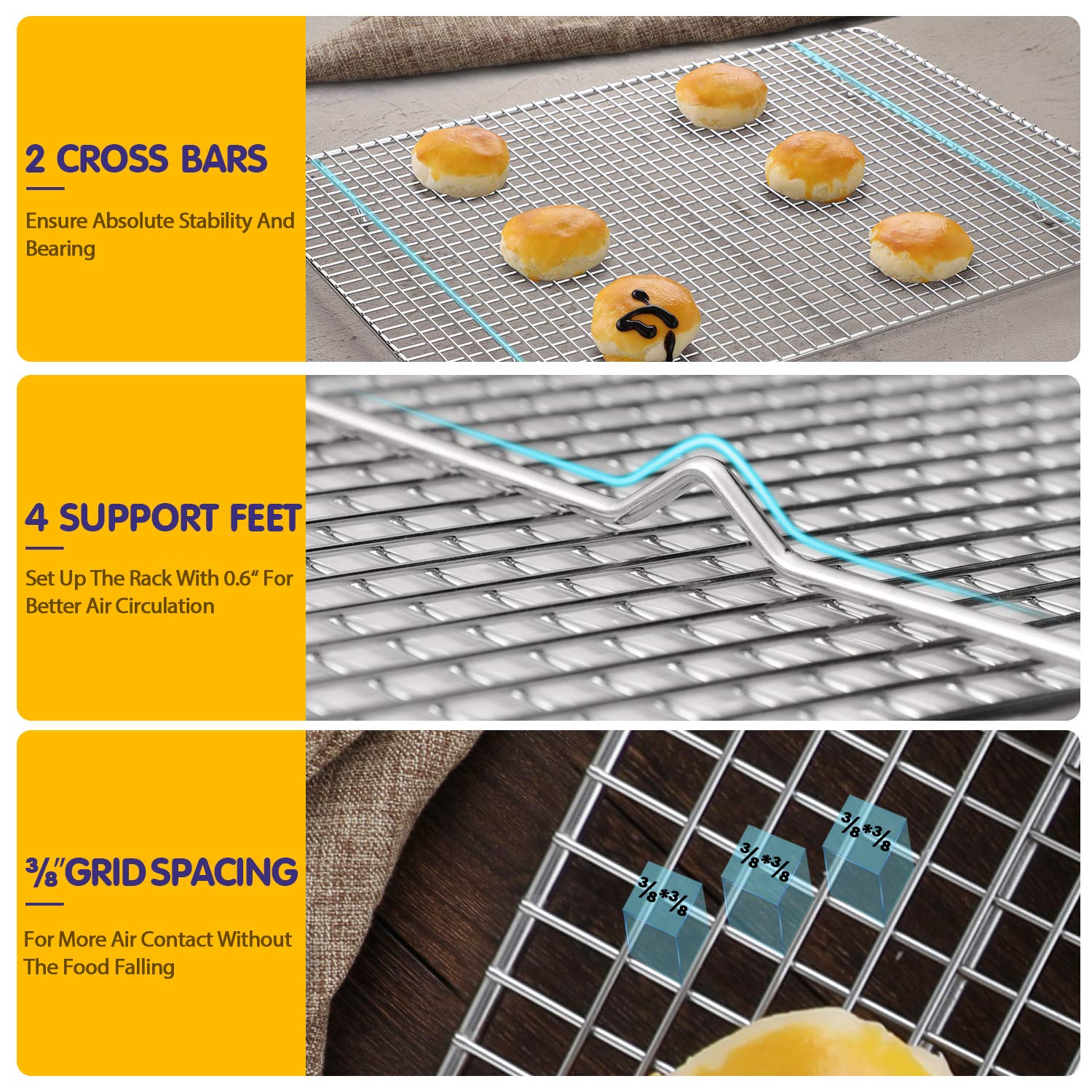 Hiware 2-Pack Cooling Racks For Baking - 10'' X 15'' - Stainless Steel Wire Cookie Rack Fits Jelly Roll Sheet Pan, Oven Safe For