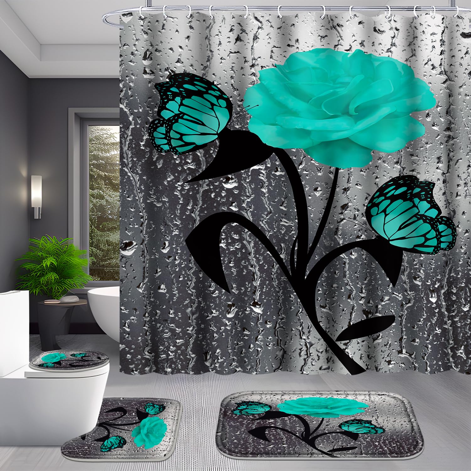 Poedist 4 Pcs Bathroom Set,Green Rose Shower Curtain Sets, Romantic Shower Curtain Sets With Rugs(Bath Mat,U Shape And Toilet Li