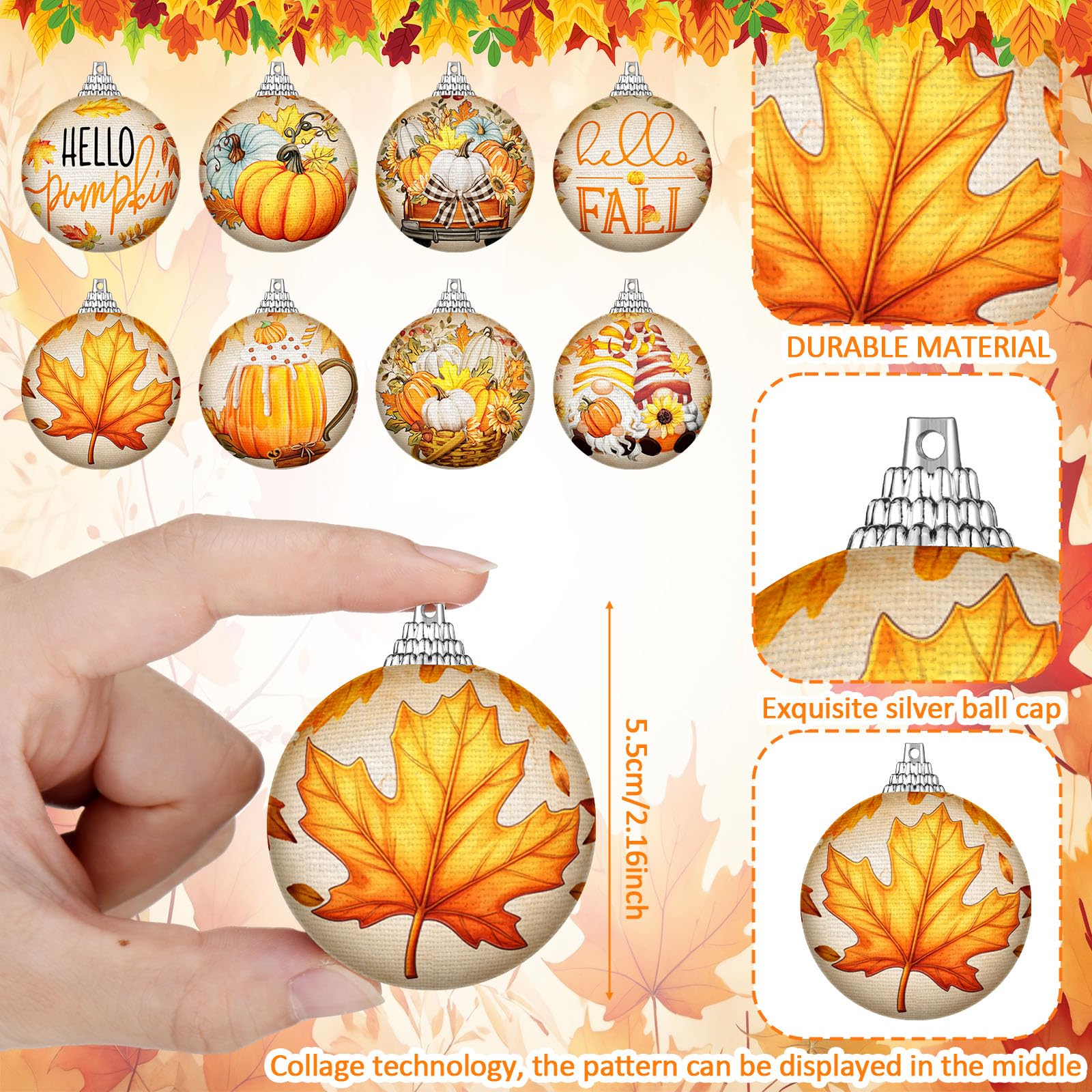 Outus 16 Pcs Thanksgiving Ornaments Ball for Tree Fall Autumn Ball Decorations Pumpkin Maple Leaf Hanging Ornament for Fall Harv