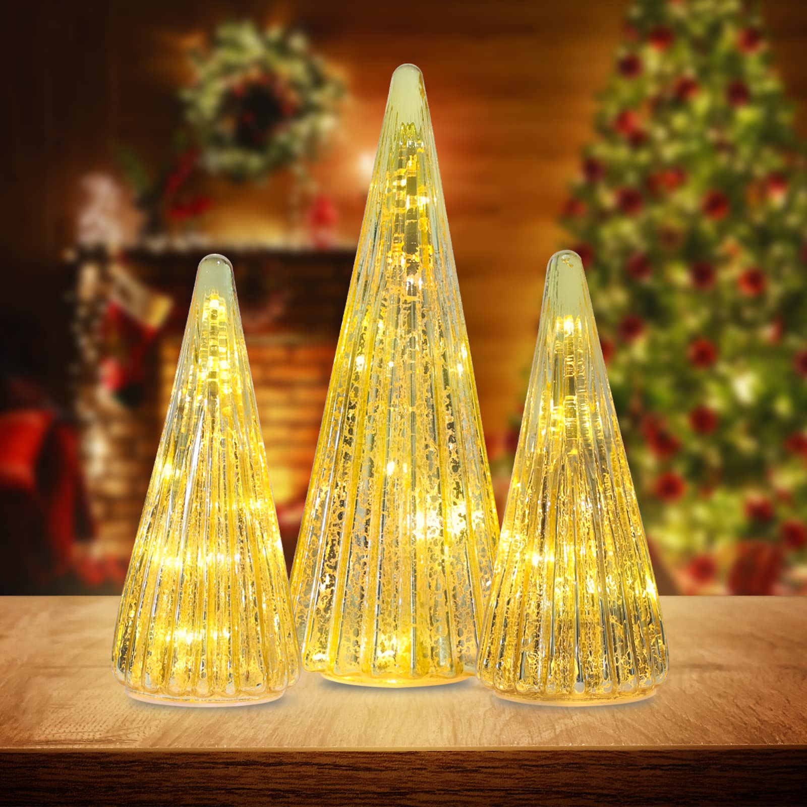 YEAHOME Christmas Decorations Indoor, Set of 2 Glass Christmas Trees with Lights for Home Decor, Christmas Table Decorations Xma
