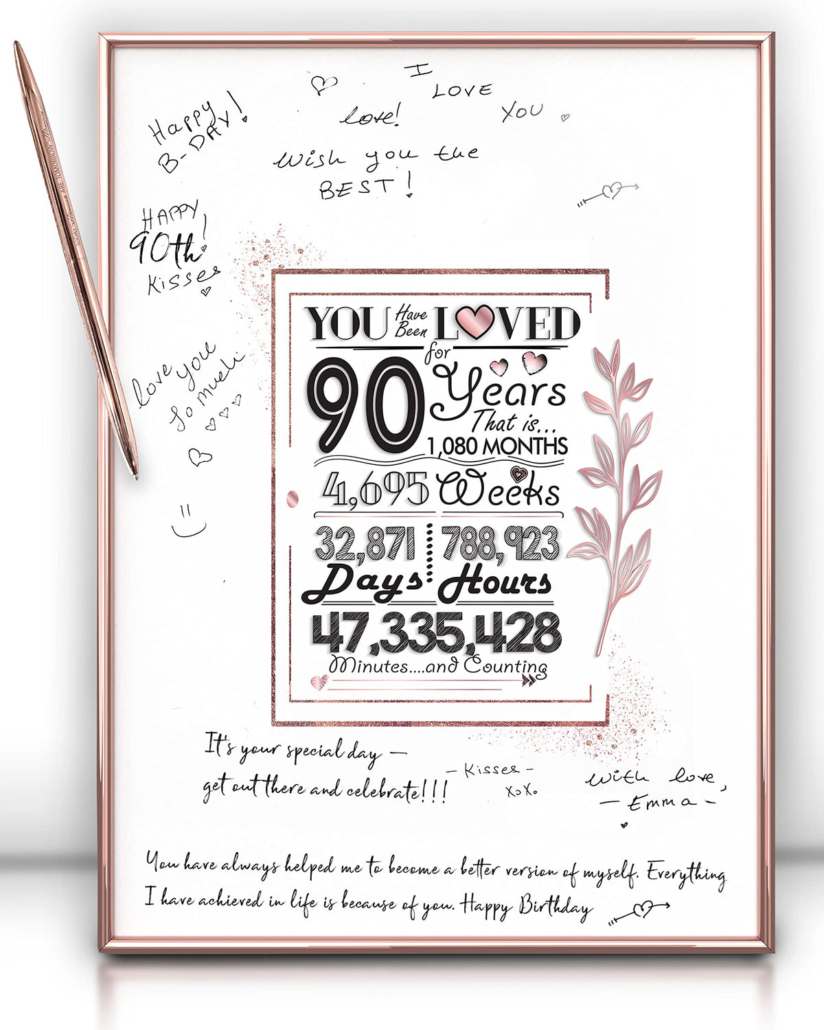 Framed Rose Gold 90Th Birthday Decorations Sign Poster For Girl - 90 Birthday Gift 12 ''X16 '' Guest Party Favors Book Alternati
