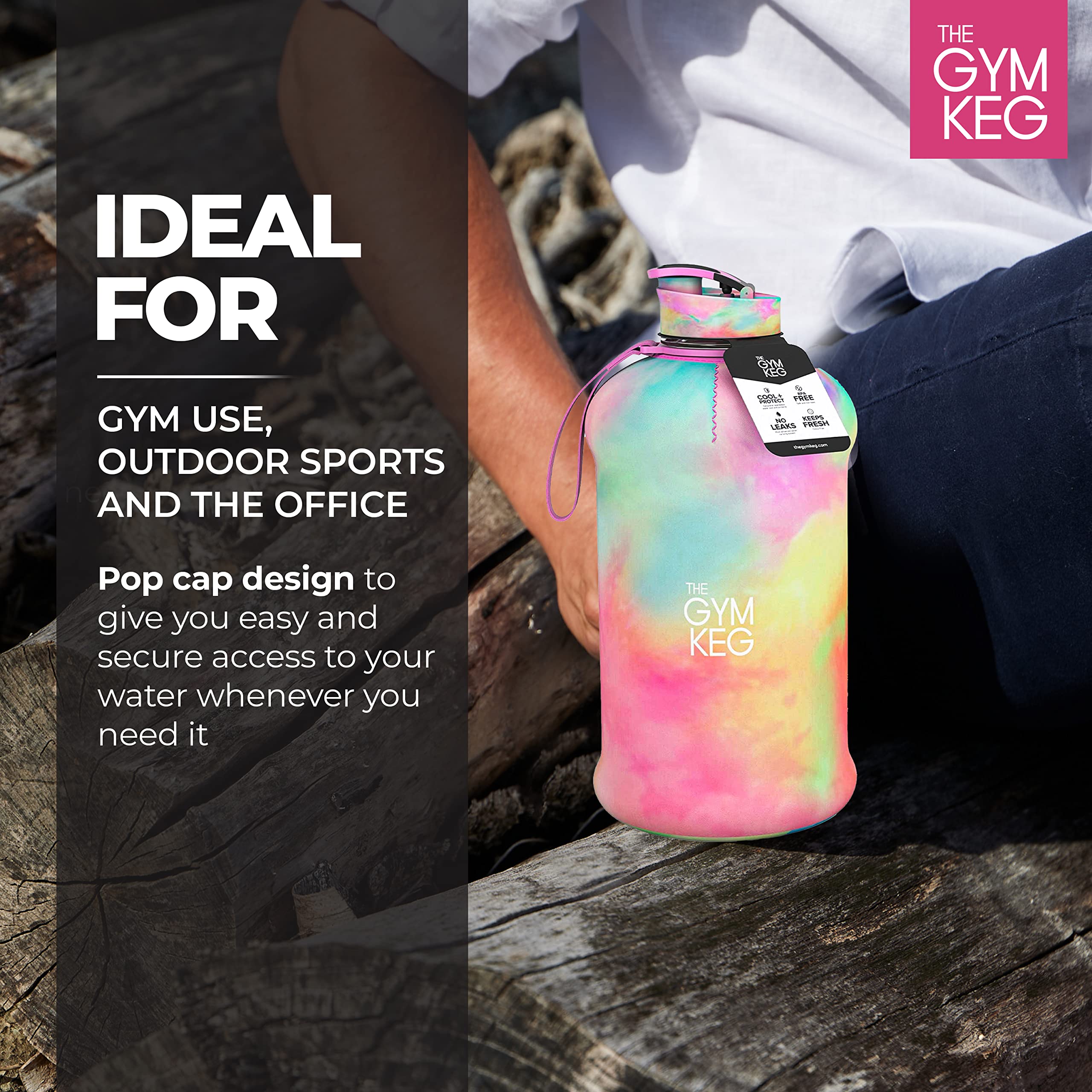 THE gYM KEg Sports Water Bottle (22 L)  Half gallon  carry Handle  Big Water Jug for Sport  Large Reusable Water Bottles  Ecofriendly  Tritan BPA Free Plastic  Leakproof (Love Tie Dye)